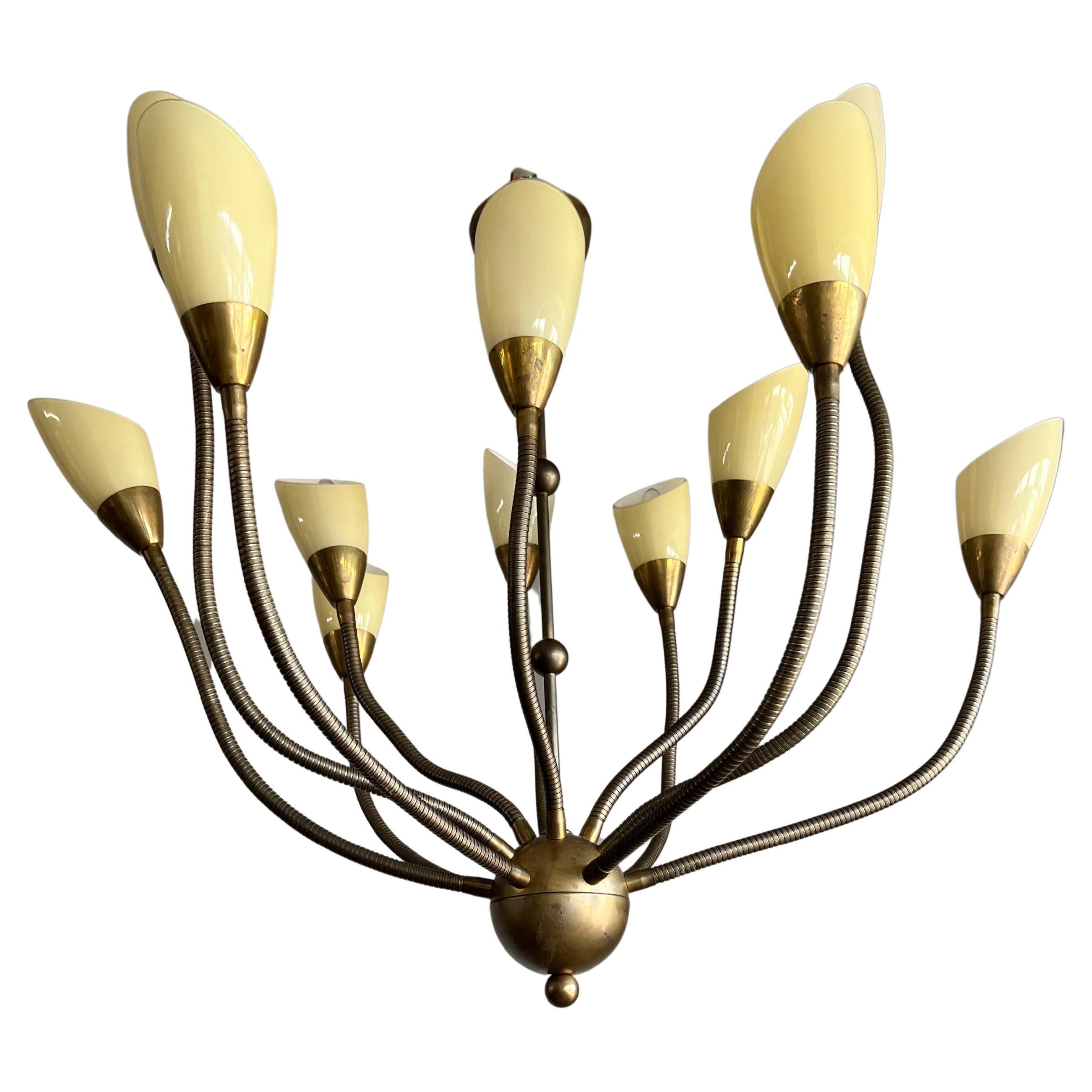 Rare 12 Flexibe Arms Octopus Design Brass and Opaline Glass Pendant Lights 1970s For Sale