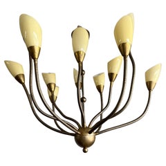 Vintage Rare 12 Flexibe Arms Octopus Design Brass and Opaline Glass Pendant Lights 1970s