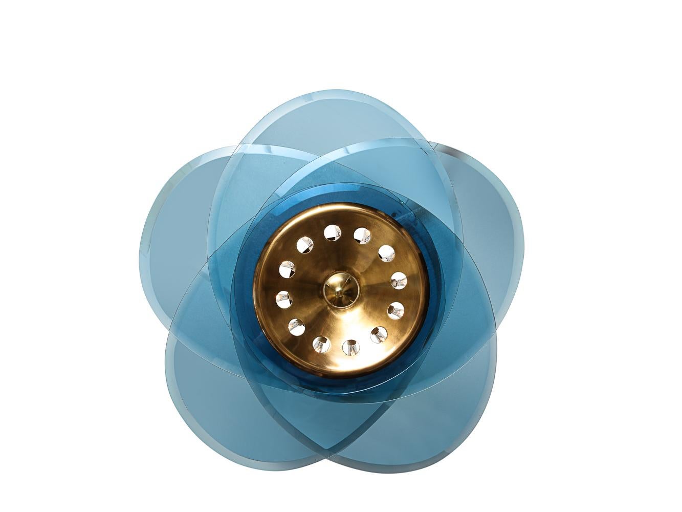 Blue colored glass, polished brass. 12 x E12 (candelabra) sockets.
