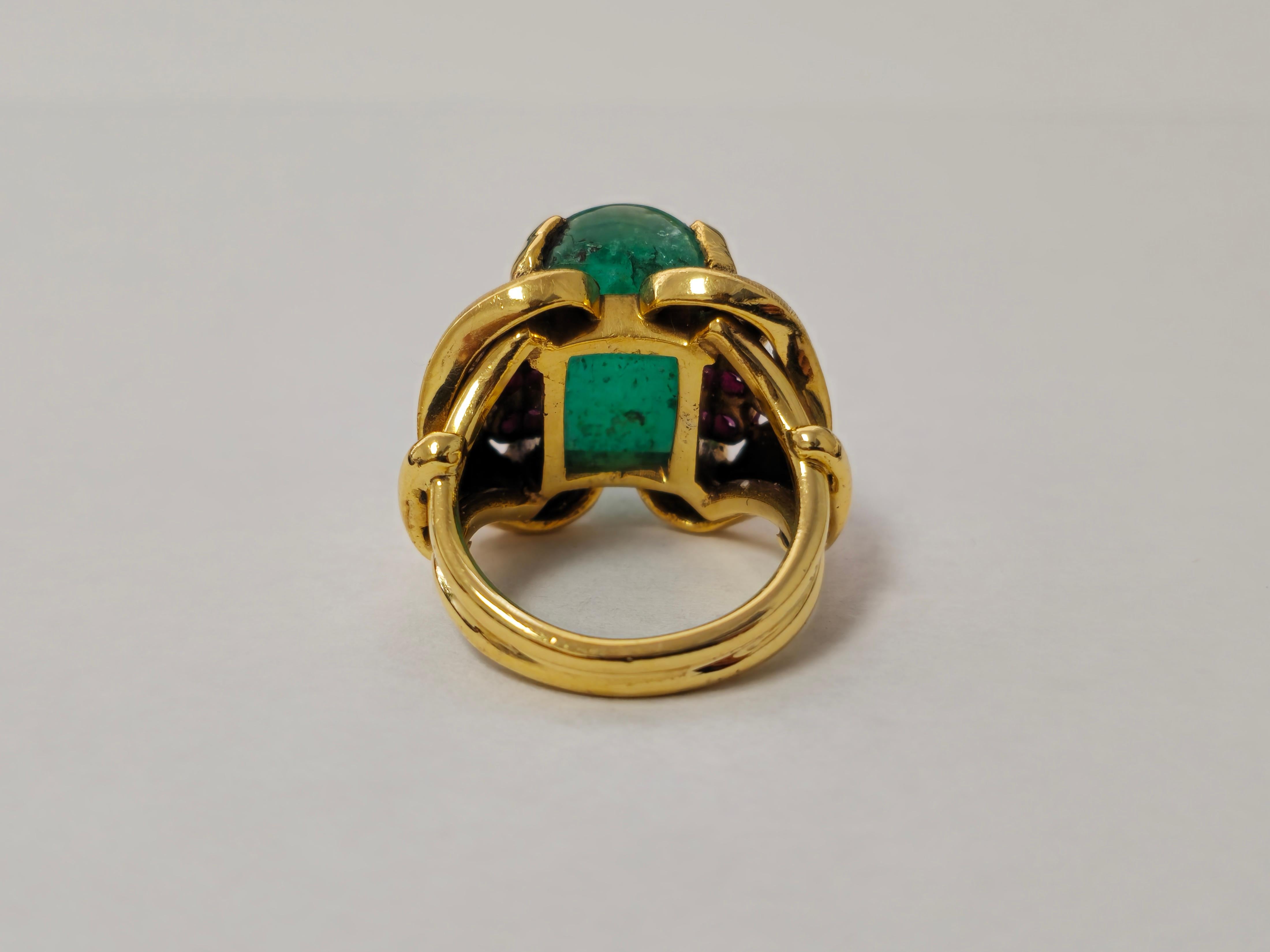Edwardian Rare 12.11 Carat Colombian Emerald & Ruby Ring in 14k Gold For Sale
