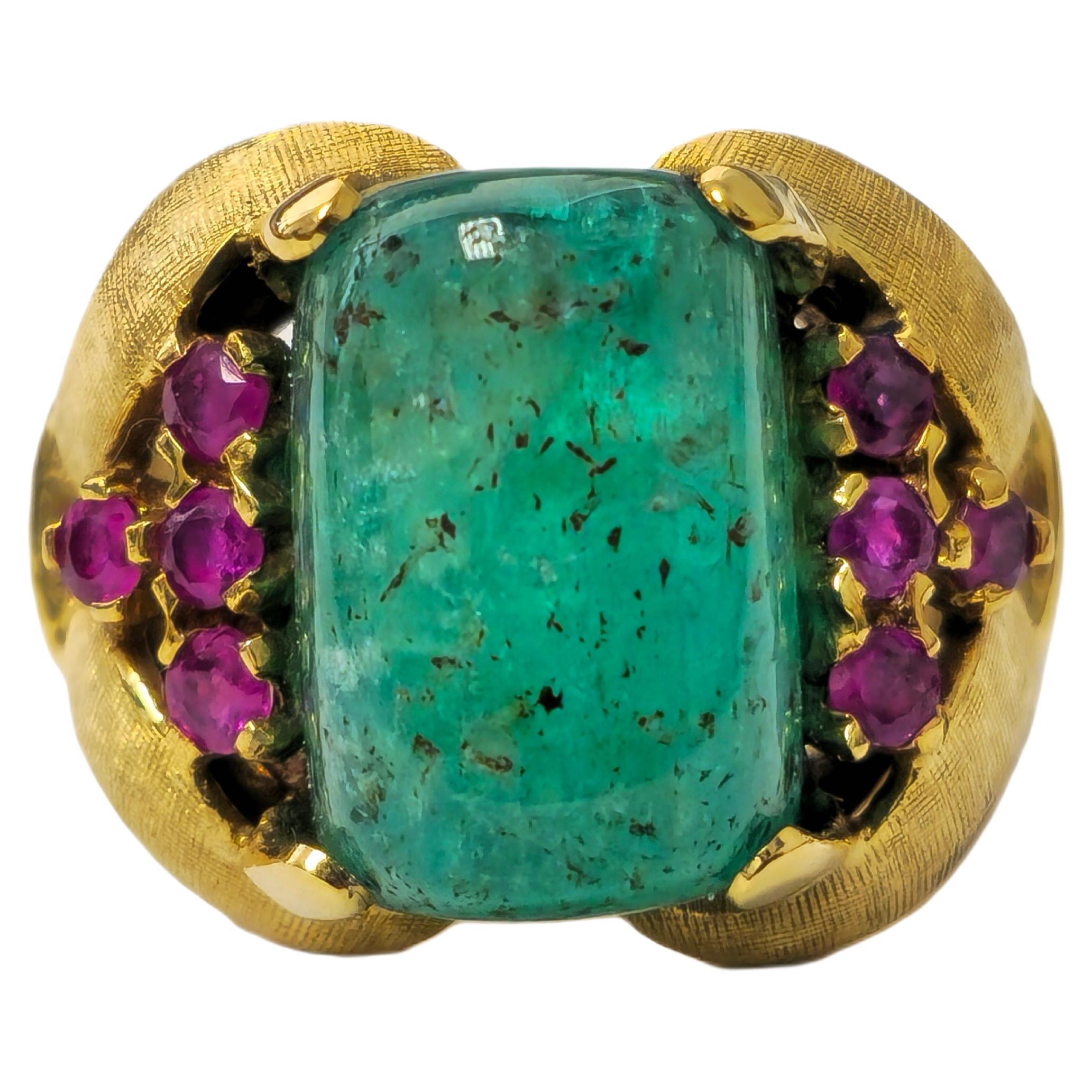 Rare 12.11 Carat Colombian Emerald & Ruby Ring in 14k Gold For Sale