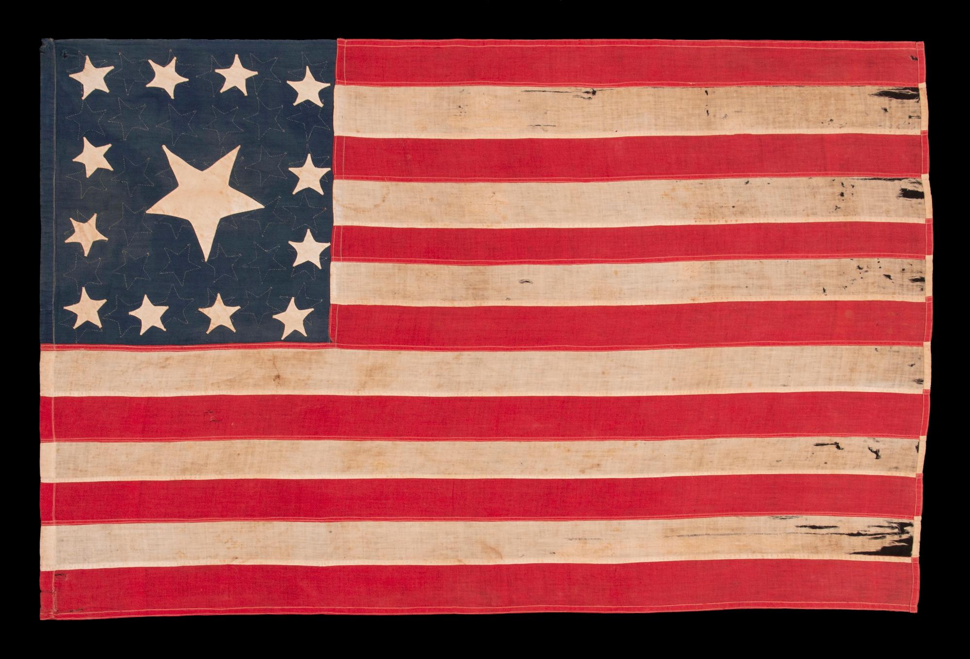 Bandera de 14 estrellas, cosida a mano, con águila aplicada, hecha por Sarah McFadden, hacia 1852-73 Estadounidense en venta