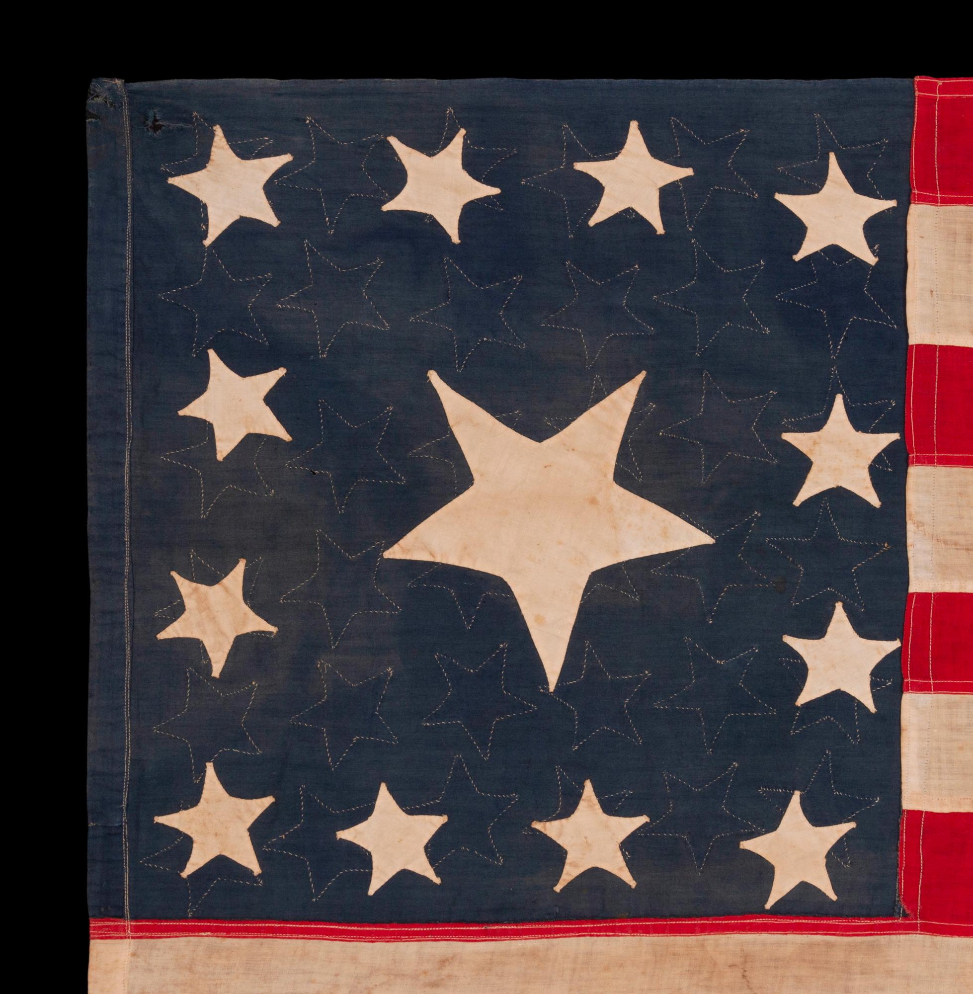 Bandera de 14 estrellas, cosida a mano, con águila aplicada, hecha por Sarah McFadden, hacia 1852-73 en Bueno estado para la venta en York County, PA
