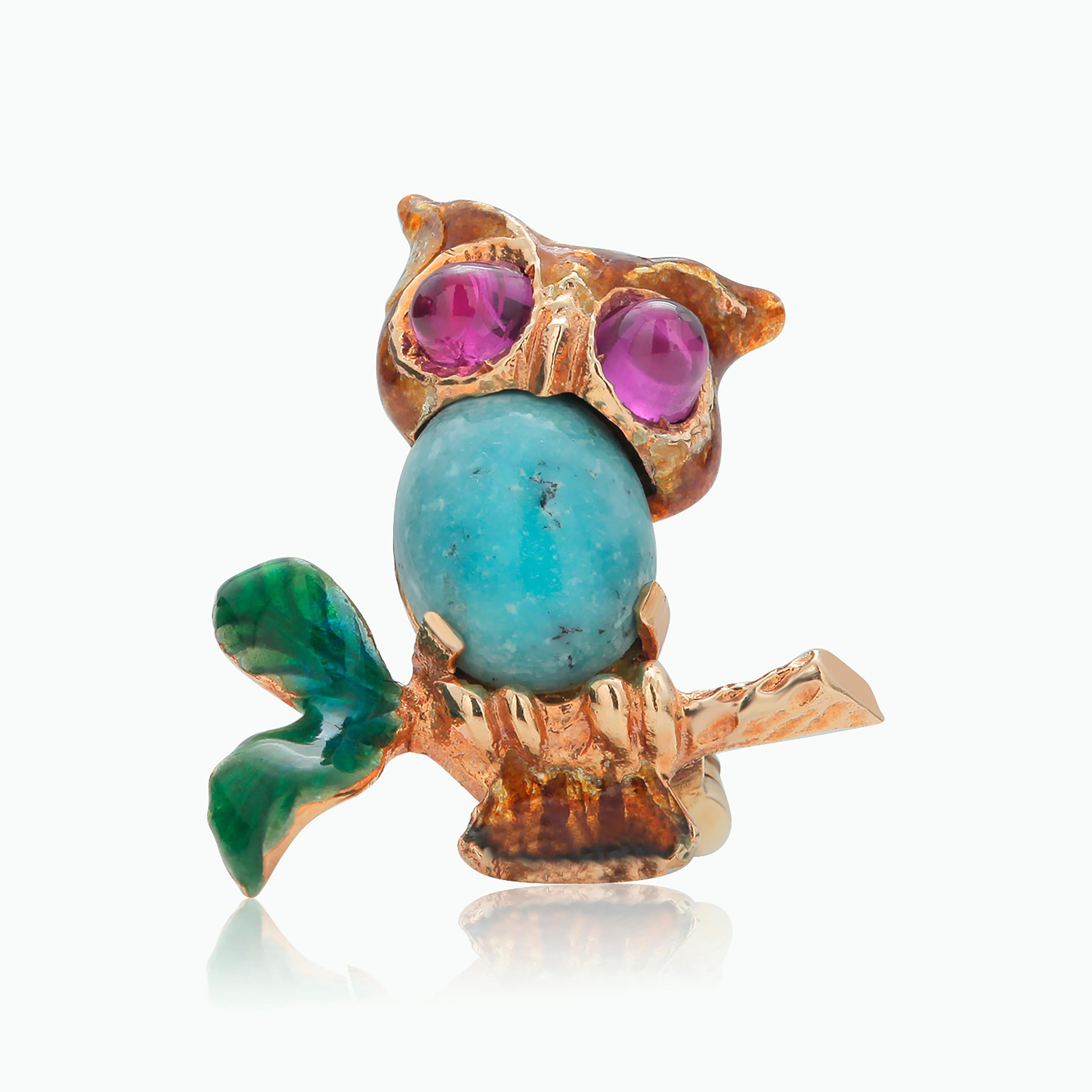 Romantic Rare 14 Karat Yellow Gold Ruby Turquoise Enamel Owl Brooch 0.80 Inch Long For Sale