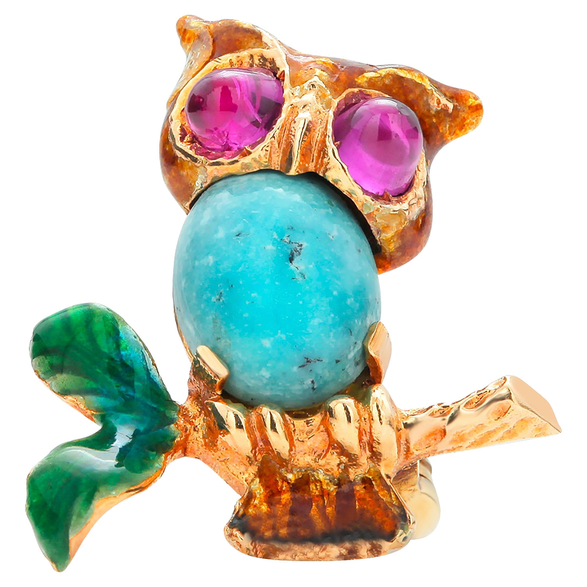 Rare 14 Karat Yellow Gold Ruby Turquoise Enamel Owl Brooch 0.80 Inch Long For Sale