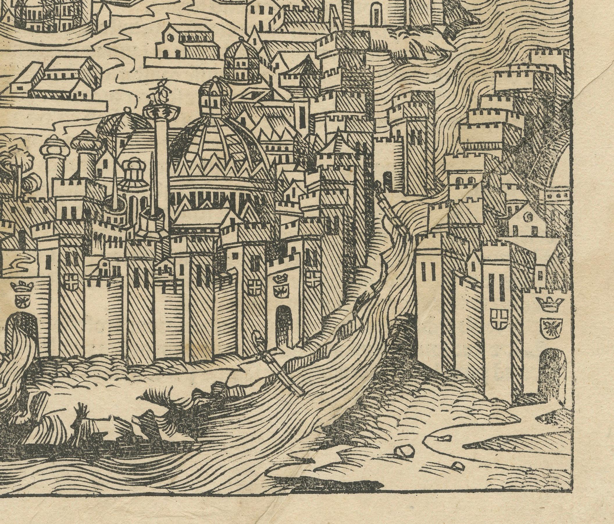 Rare 1493 Woodcut of Constantinople from Hartmann Schedel's Nuremberg Chronicle In Good Condition For Sale In Langweer, NL