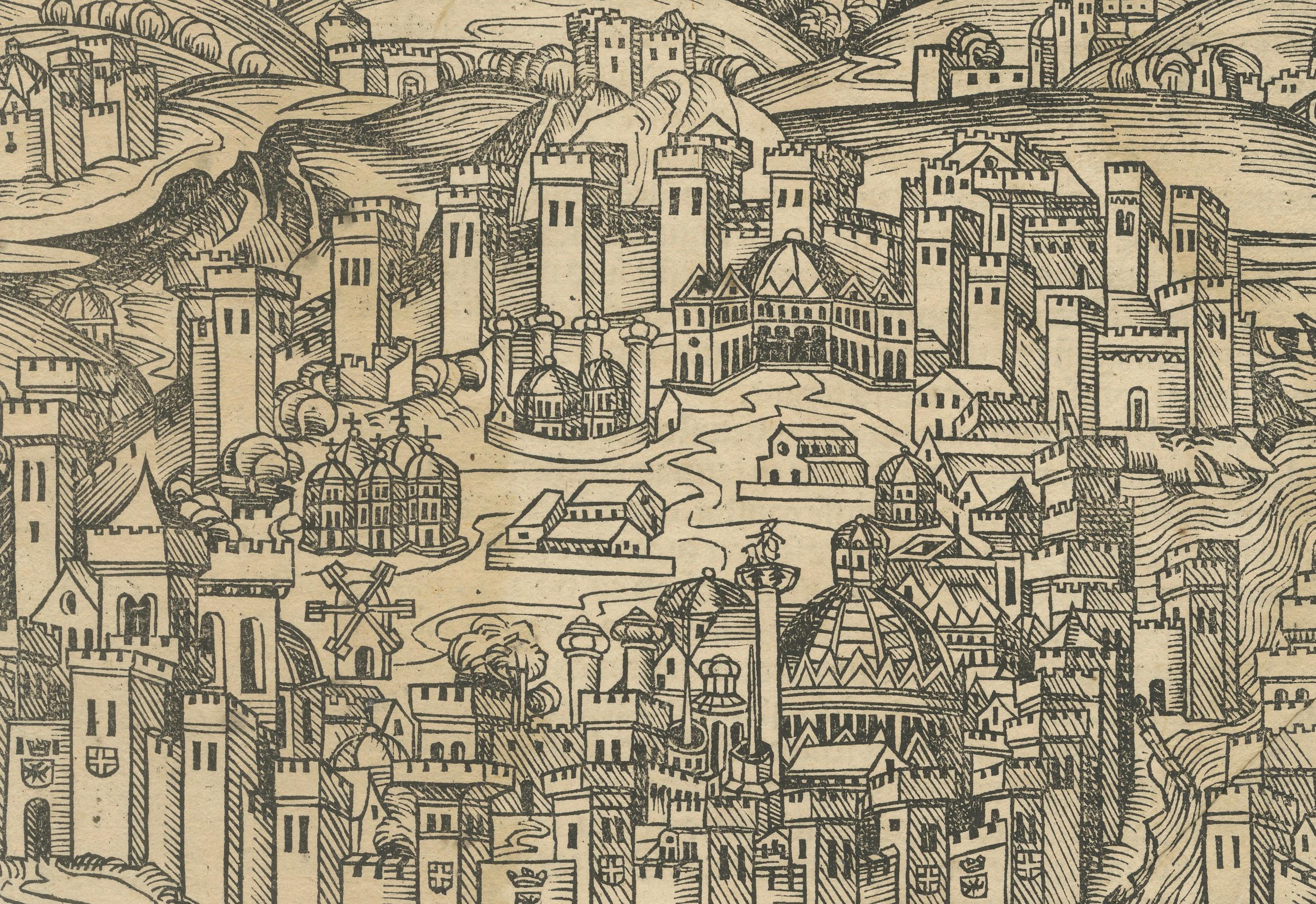 18th Century and Earlier Rare 1493 Woodcut of Constantinople from Hartmann Schedel's Nuremberg Chronicle For Sale