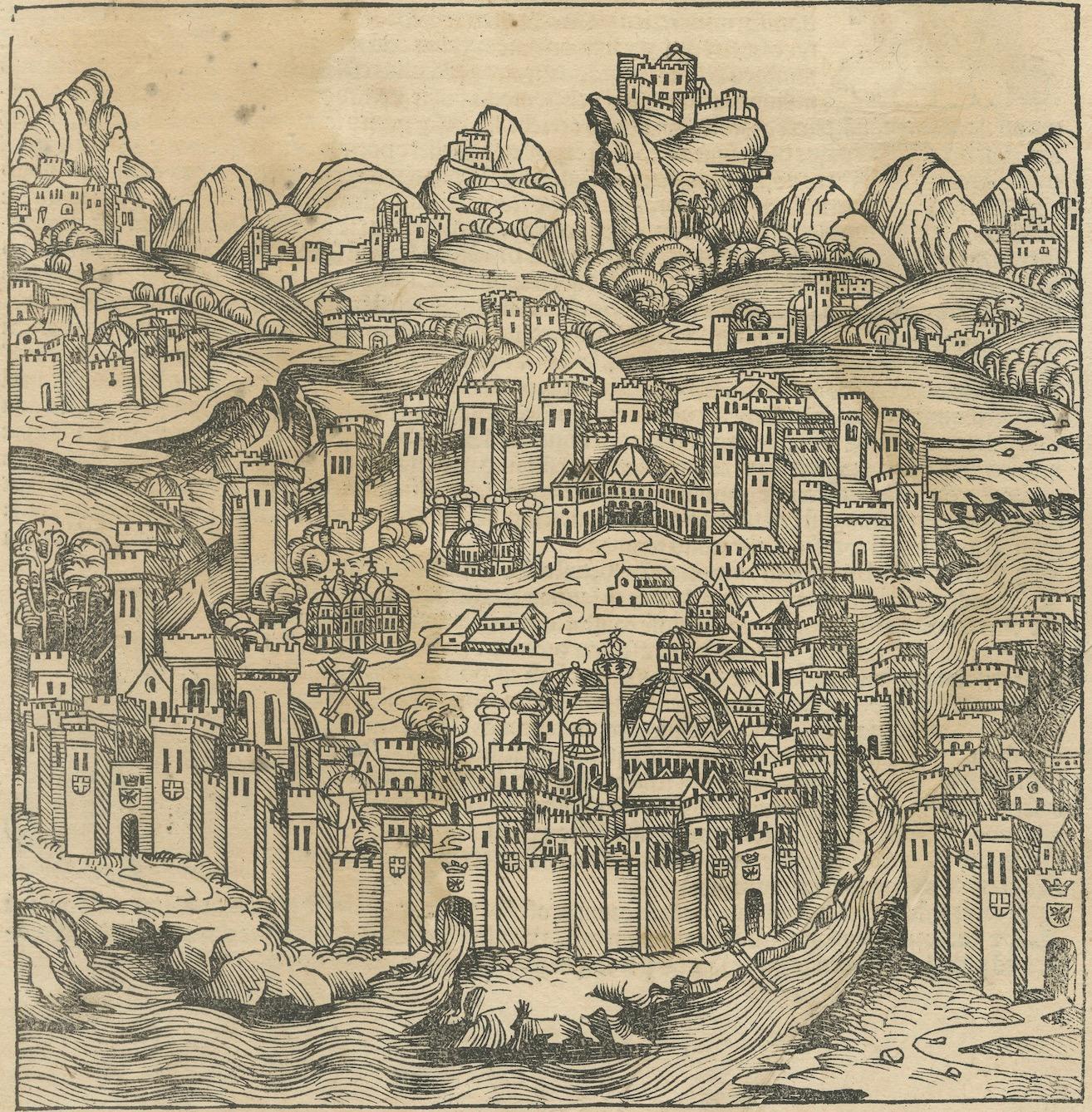 Paper Rare 1493 Woodcut of Constantinople from Hartmann Schedel's Nuremberg Chronicle For Sale