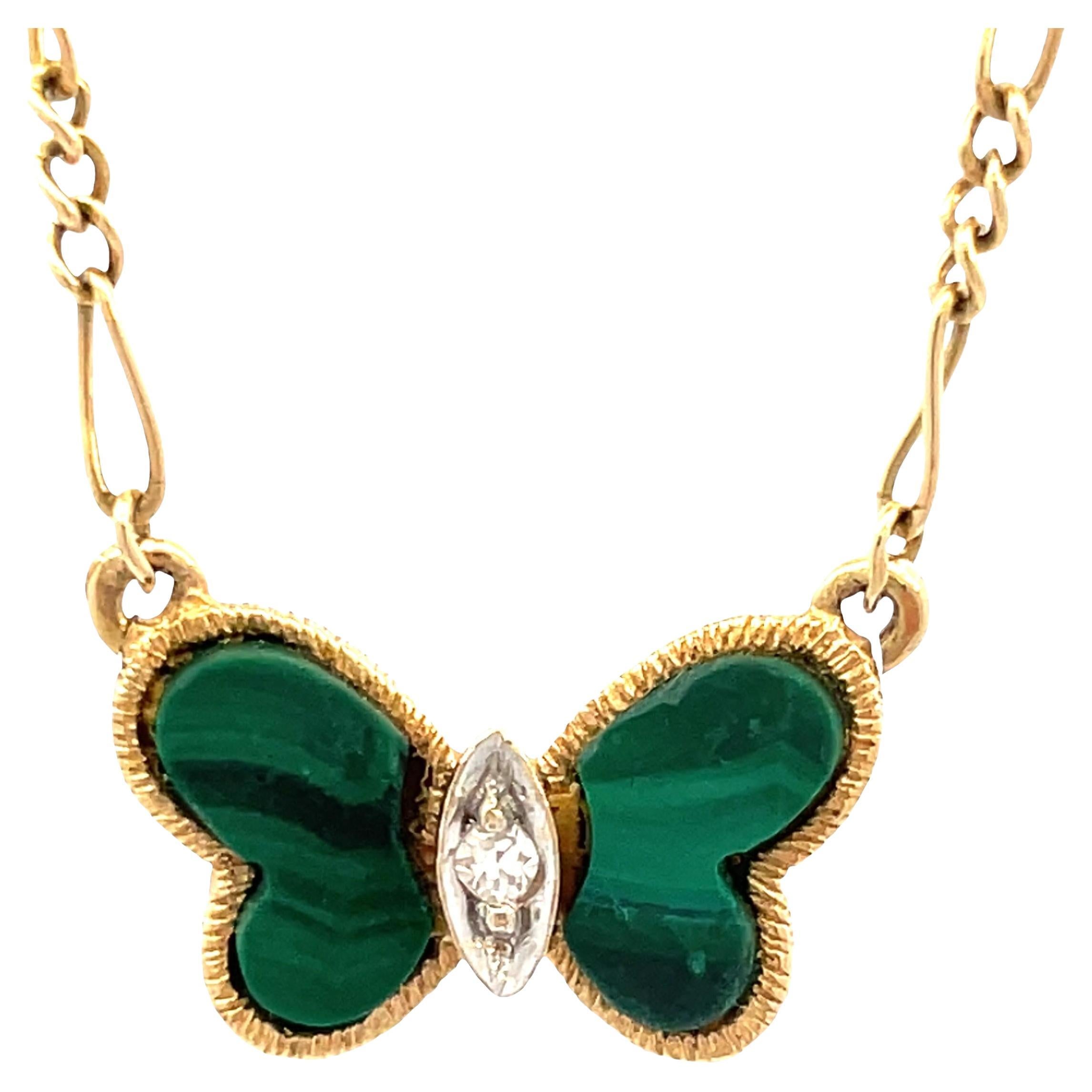 Rare 14K Gold Butterfly Necklace with Malachite Wings by Hammerman Bros