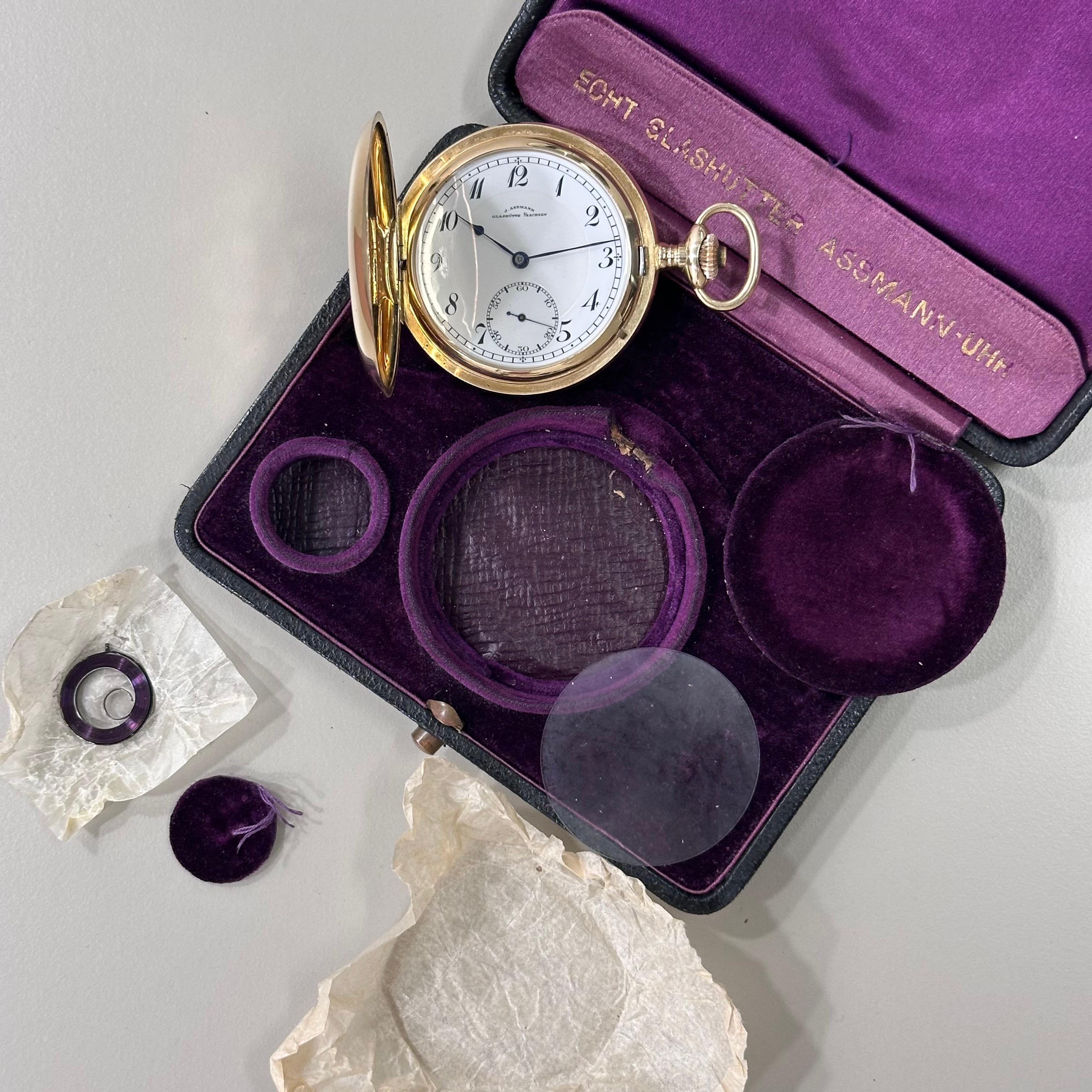 This is a fantastic example of a J. Assman I/Sachsen Glasshutte pocket watch from circa 1890. The White Enamel dial in perfect condition with no hairline cracks or marks, with Arabic numerals outer minute track and sub seconds dial at six o’clock. 
