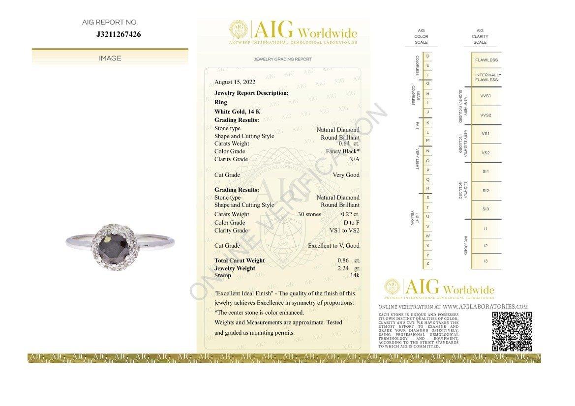 Round Cut Rare 14K White gold Halo Ring with Black Natural Diamond - AIG Certificate For Sale