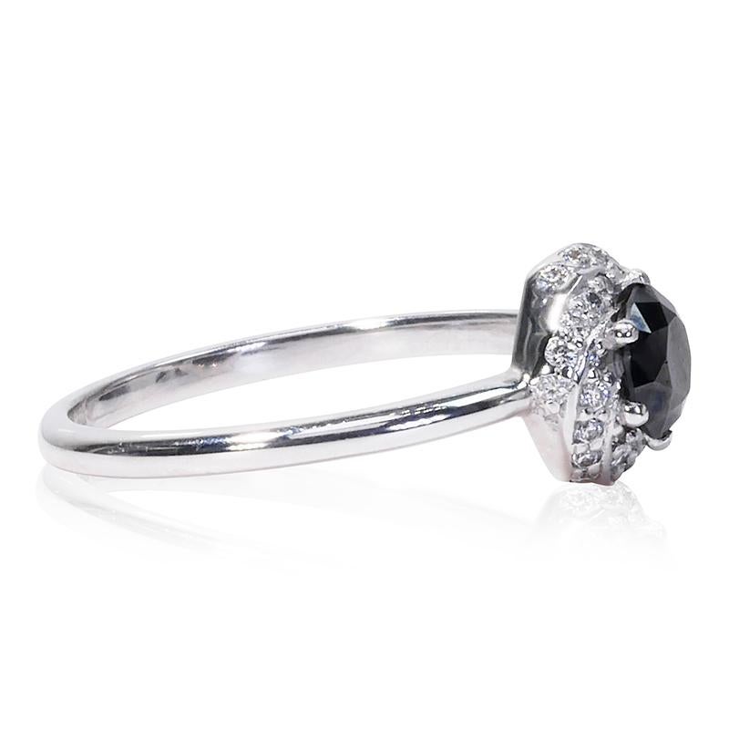 Women's or Men's Rare 14K White gold Halo Ring with Black Natural Diamond - AIG Certificate For Sale
