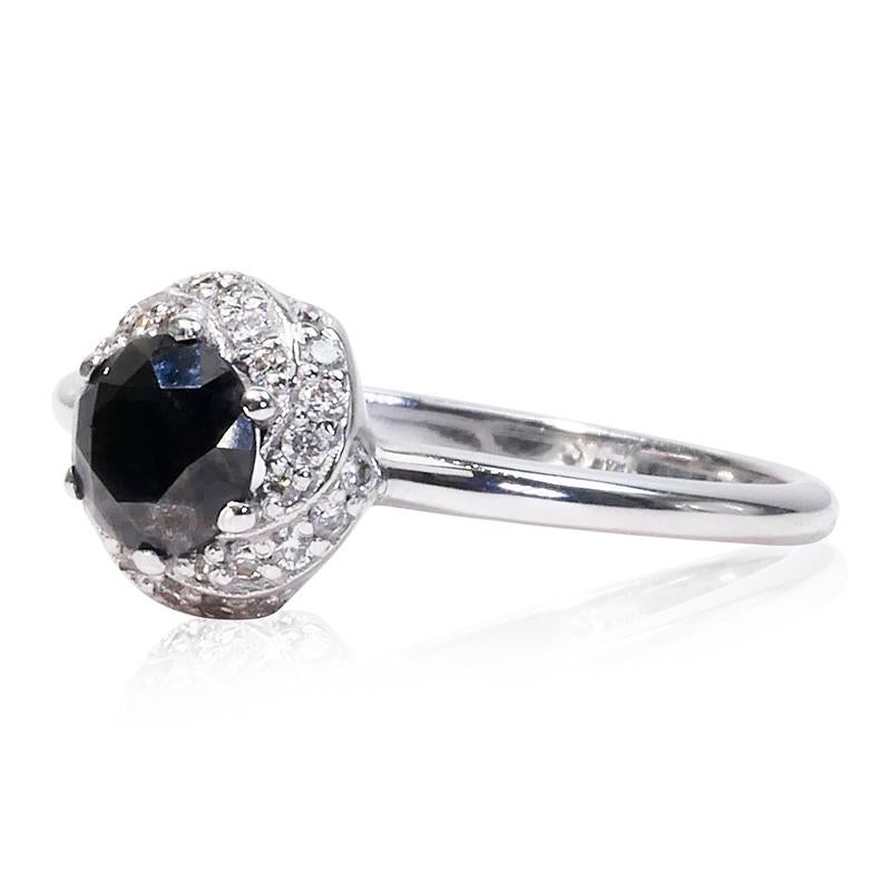 Rare 14K White gold Halo Ring with Black Natural Diamond - AIG Certificate For Sale 1