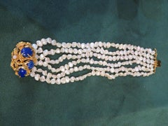 Raro bracciale in oro 14KT con perle di lapislazzuli e diamanti dopo Arthur King