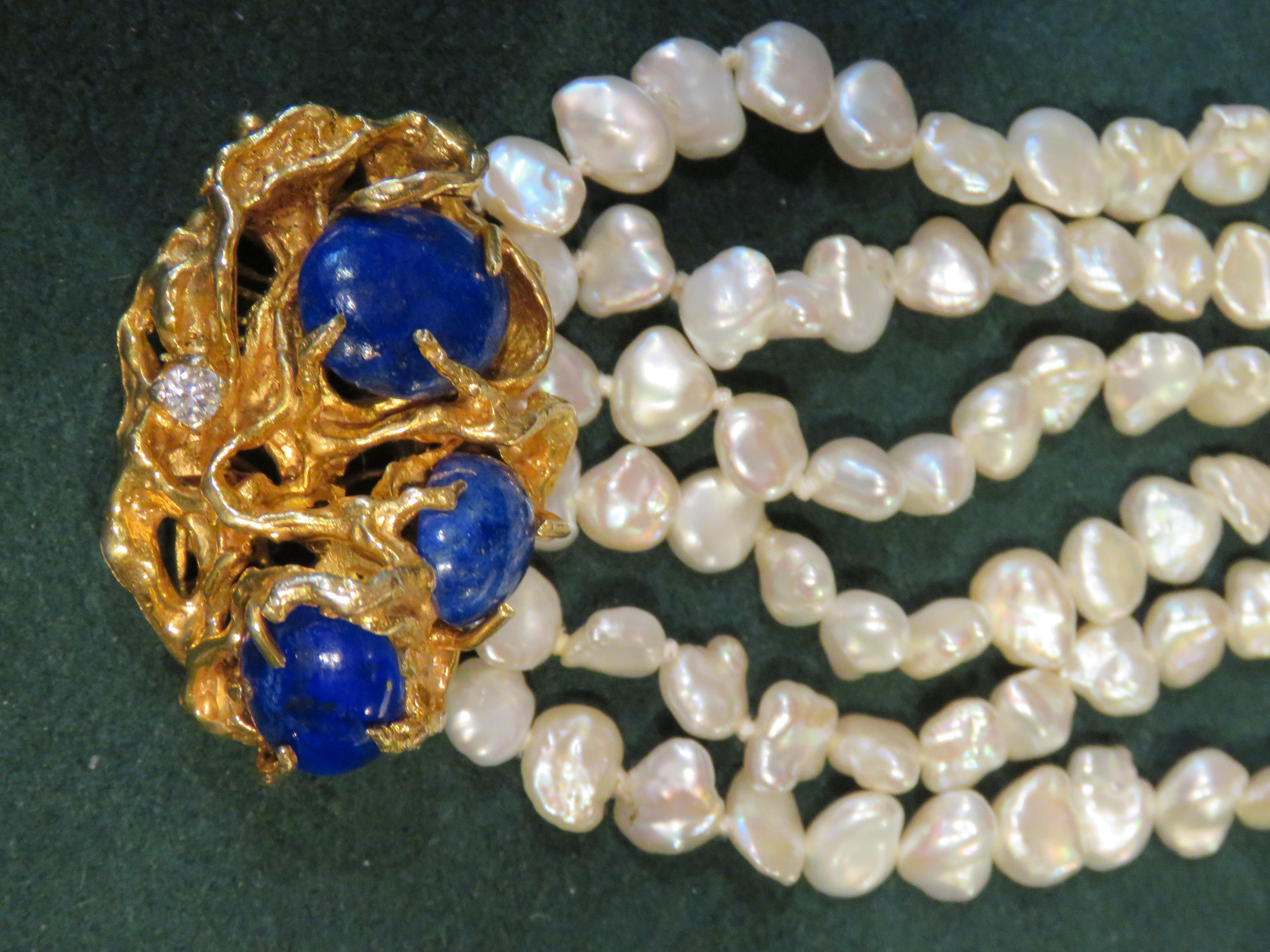 Mixed Cut Rare 14KT Gold Large Lapis Lazuli Pearl Diamond Bracelet after Arthur King For Sale
