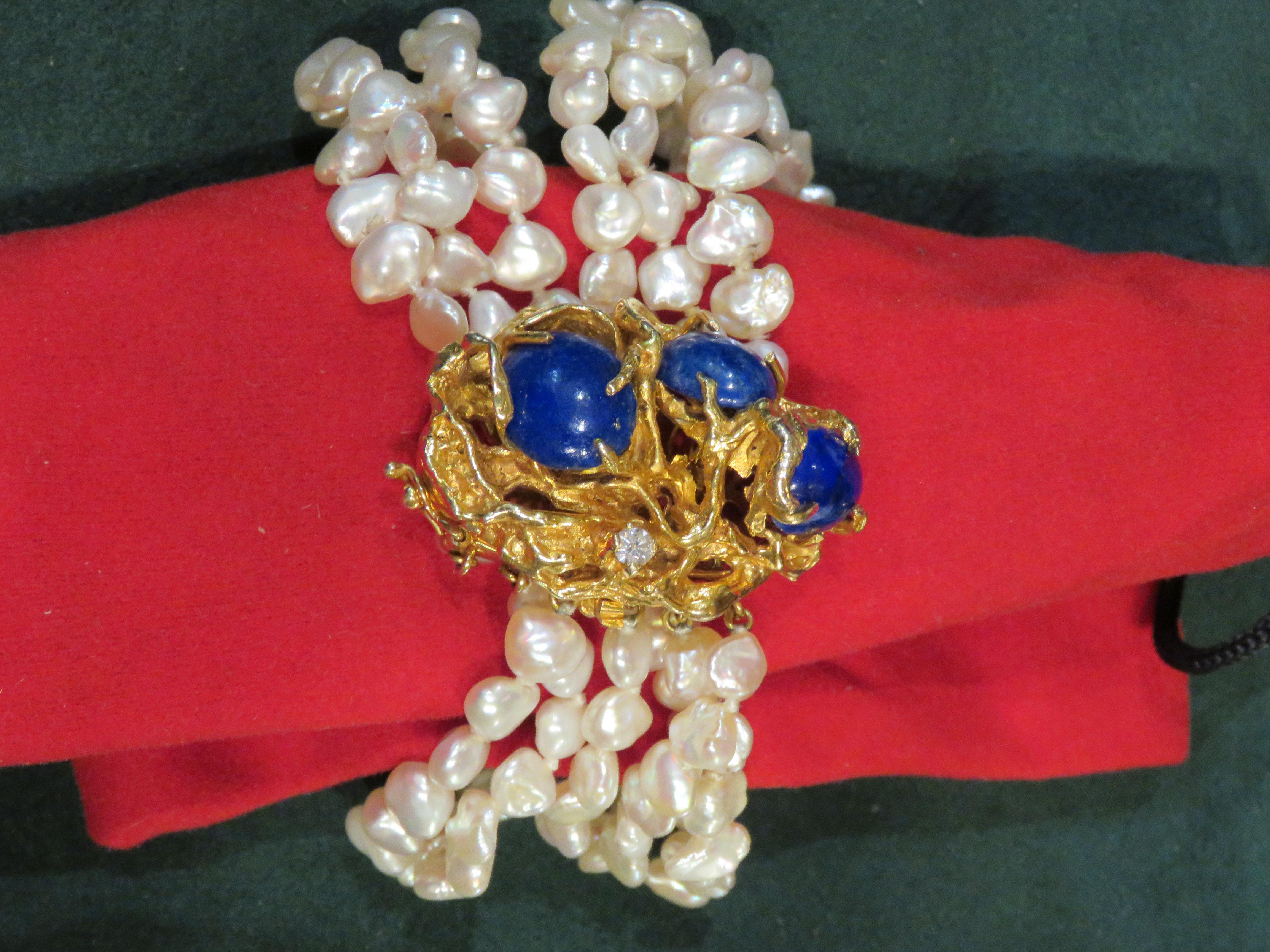 Rare 14KT Gold Large Lapis Lazuli Pearl Diamond Bracelet after Arthur King In Good Condition For Sale In New York, NY