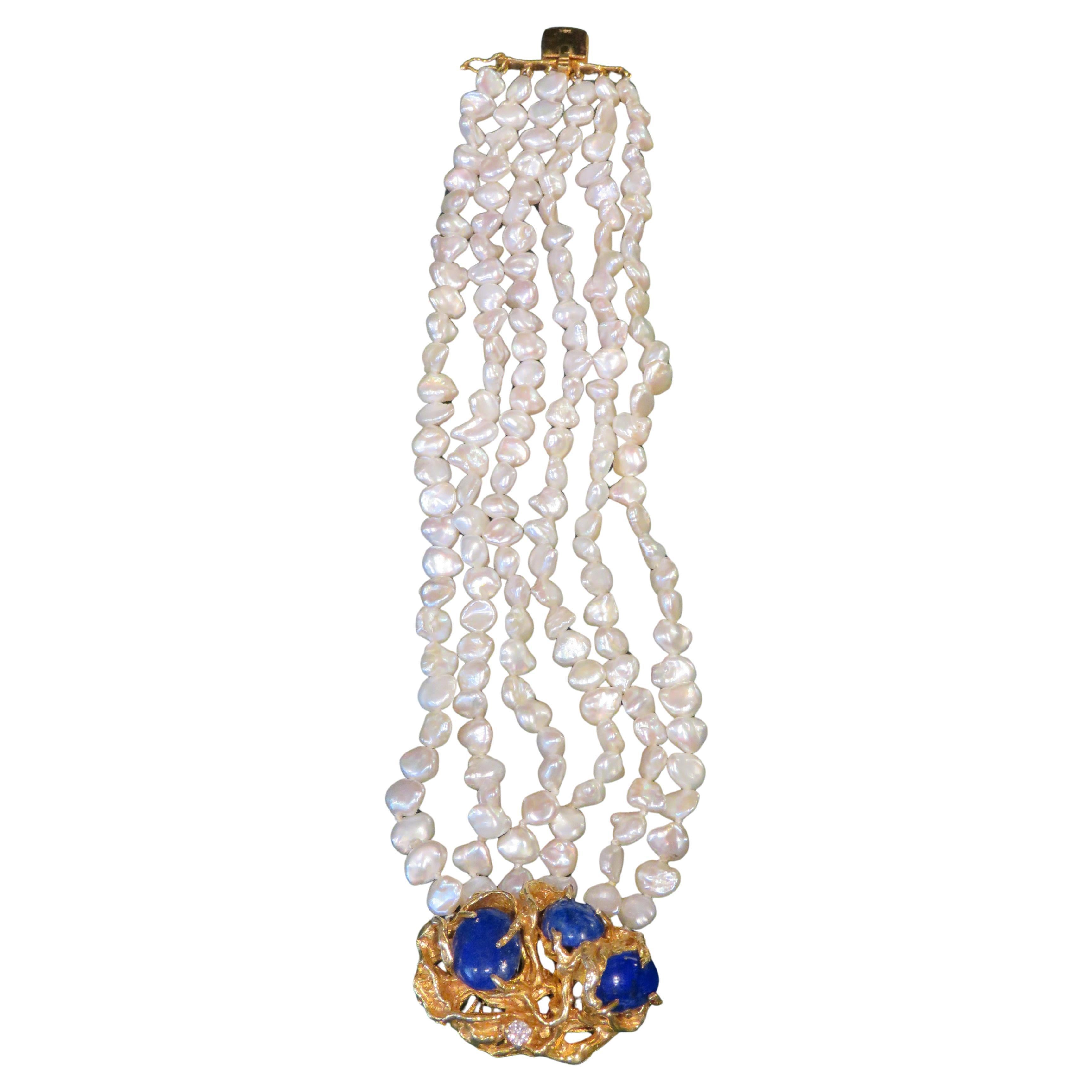 Rare 14KT Gold Large Lapis Lazuli Pearl Diamond Bracelet after Arthur King For Sale