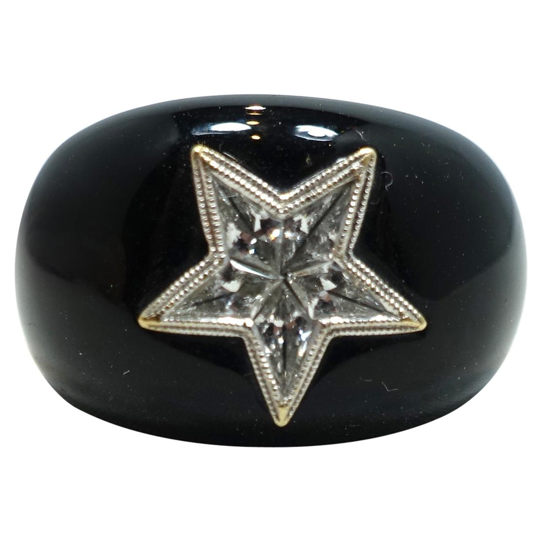 Rare 14kt White Gold Diamond Star & Onyx Ring, Size  6 For Sale
