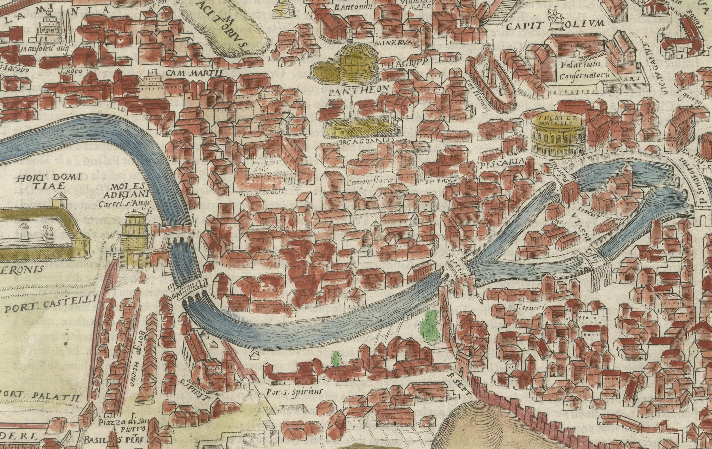 Rara mappa di Roma antica del 1572 con monumenti di Ligorio, Braun & Hogenberg  

Questa notevole mappa del XVI secolo, *Urbis Romae Situs cum ils quae adhuc Conspiciuntur Veter. Monumet Reliquiis*, fu creato dall'architetto e antiquario italiano