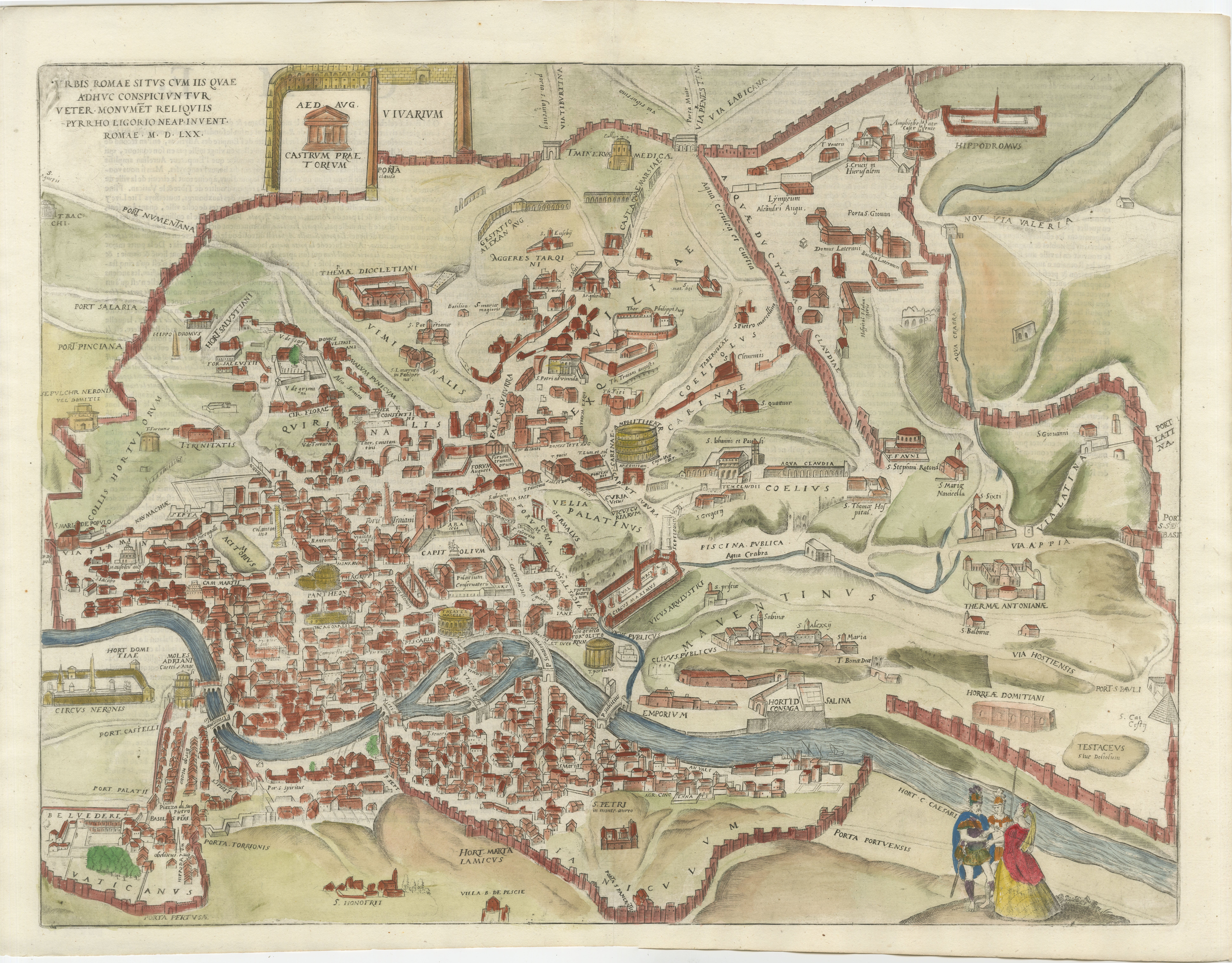 Rara mappa di Roma antica del 1572 con monumenti di Ligorio, Braun & Hogenberg in vendita