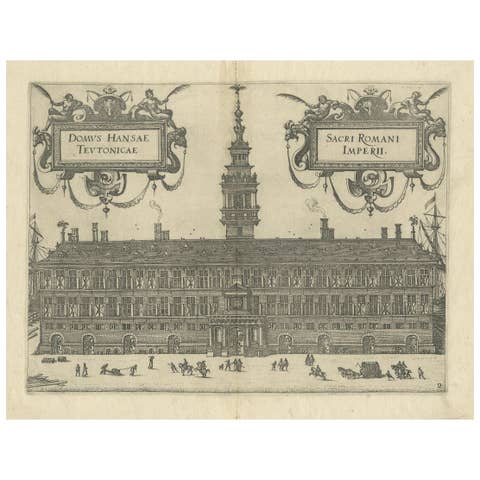 Rare 1582 Copper Engraving of Hanseatic House, Antwerp by Guicciardini