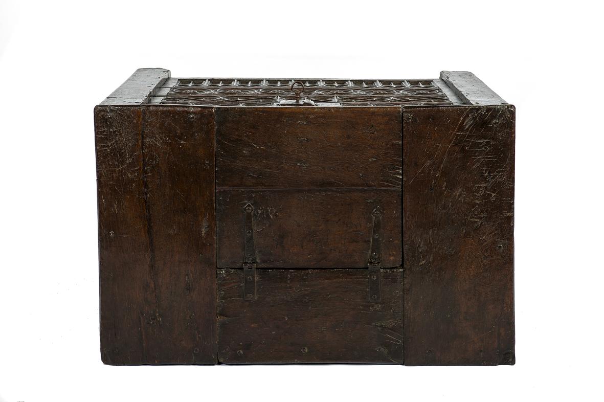 Rare 15th Century Solid Oak Medieval Dutch Gothic Chest or Trunk For Sale 9
