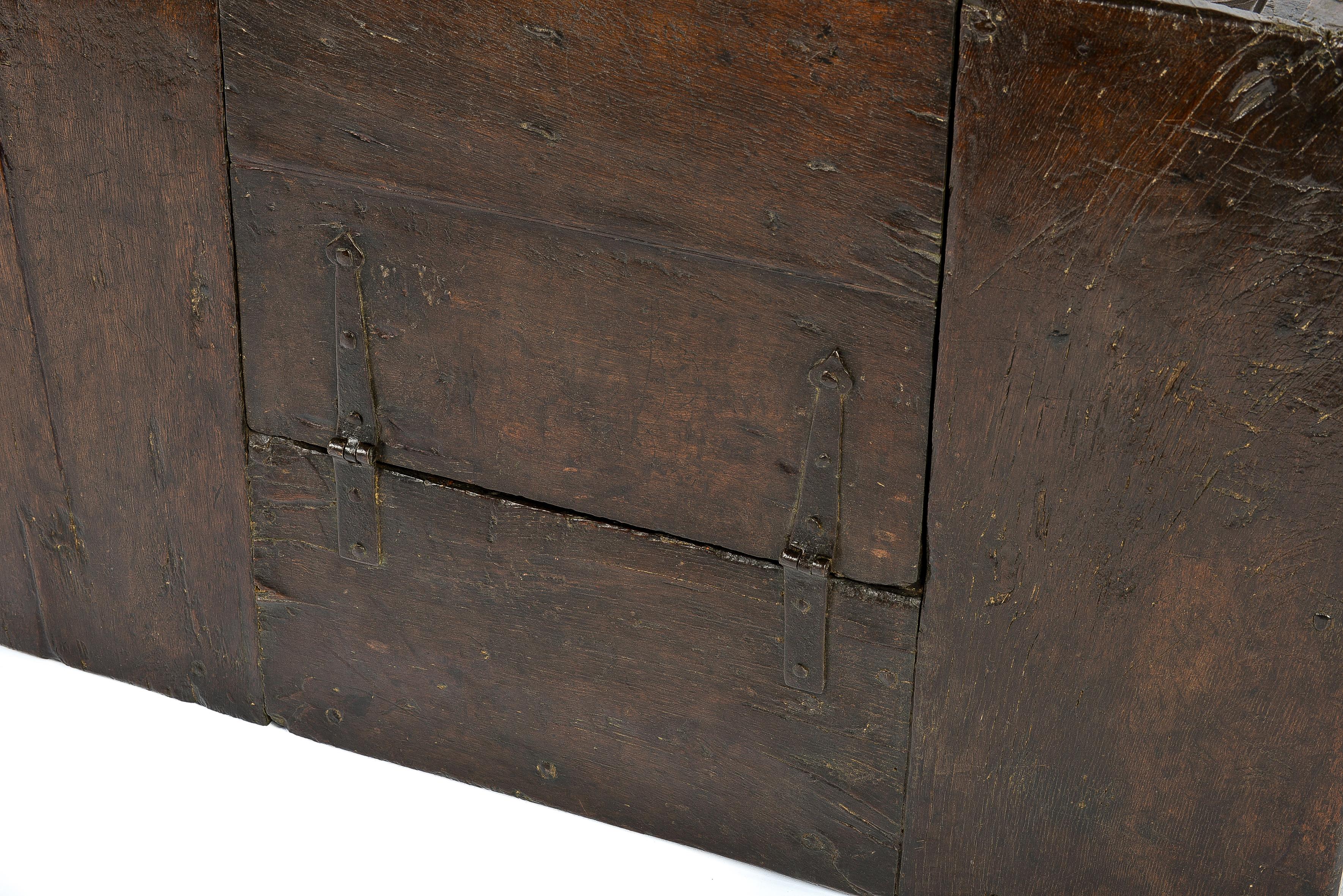 18th Century and Earlier Rare 15th Century Solid Oak Medieval Dutch Gothic Chest or Trunk For Sale