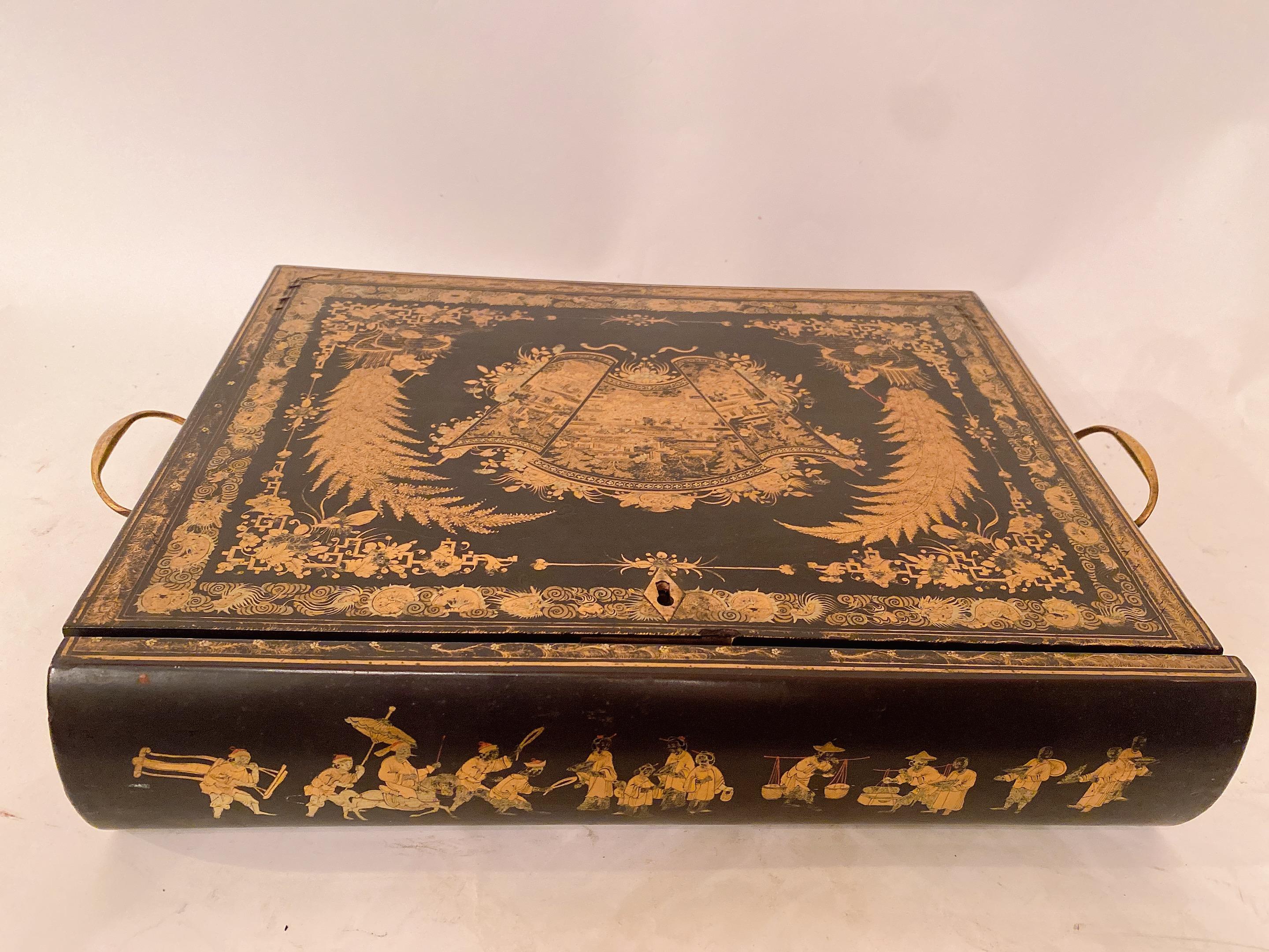 A truly rare beautiful and amazing piece. From the early 19th century of the Qing Dynasty in China, this gilt black lacquered writing box is decorated with the designs rich hand paint and gilt on black lacquer. Very good condition see pictures for