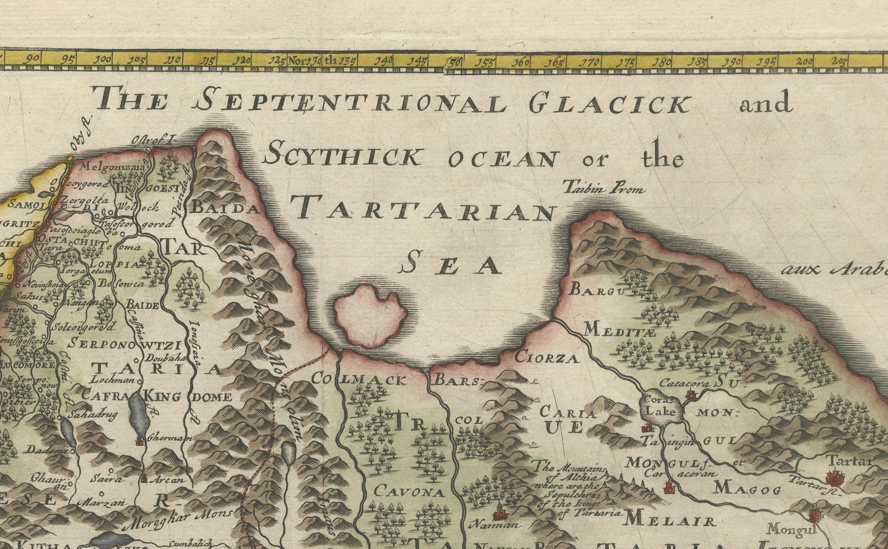 Rara mappa della Tartaria del 1670 di Richard Blome dopo Sanson, incisione colorata a mano

Questa mappa, molto suggestiva e decorativa, intitolata *A Generall Mapp of the Kingdome of Tartaria*, fu pubblicata intorno al 1670 da Richard Blome, uno
