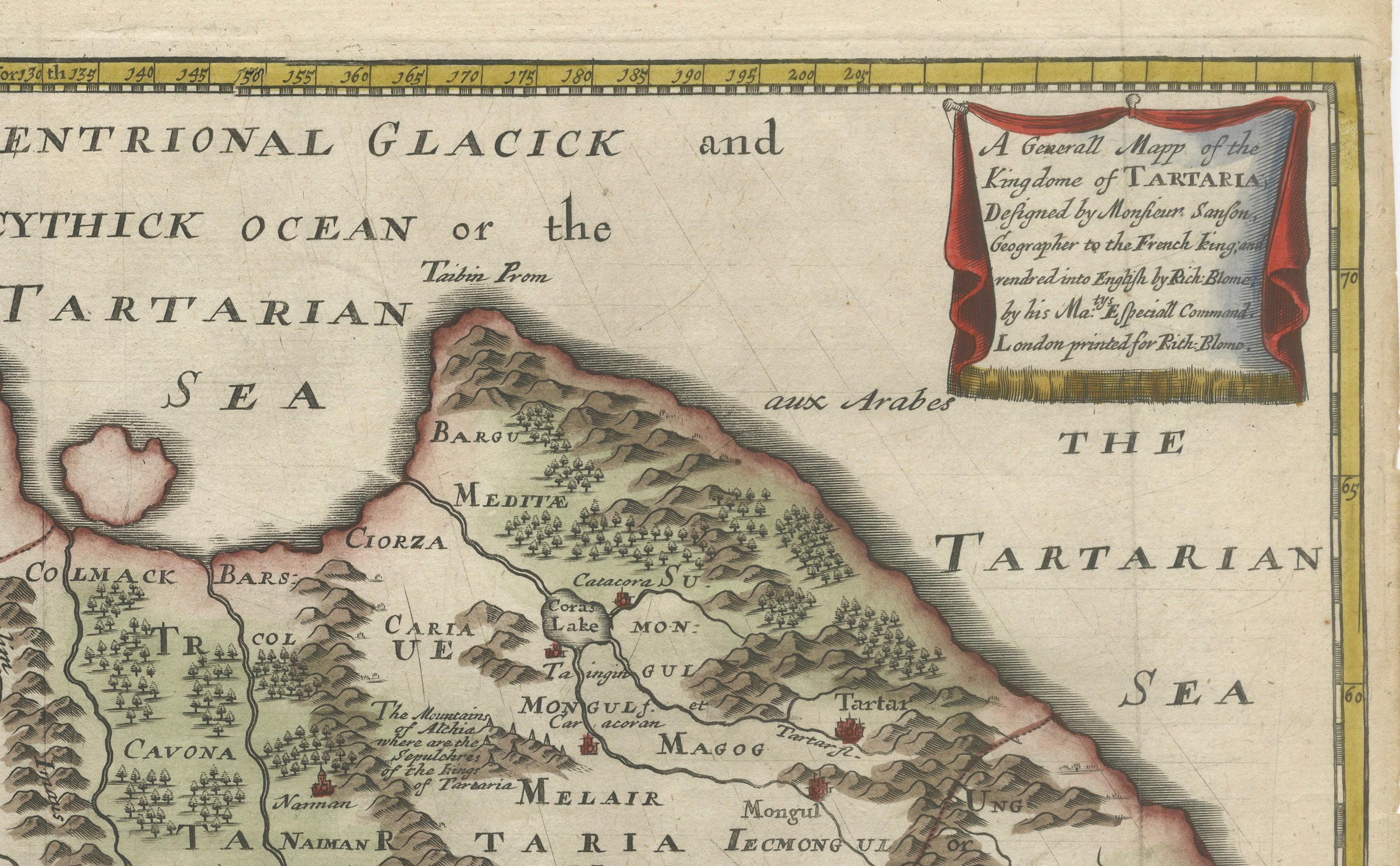 Rara mappa della Tartaria del 1670 di Richard Blome dopo Sanson, incisione colorata a mano In condizioni buone in vendita a Langweer, NL