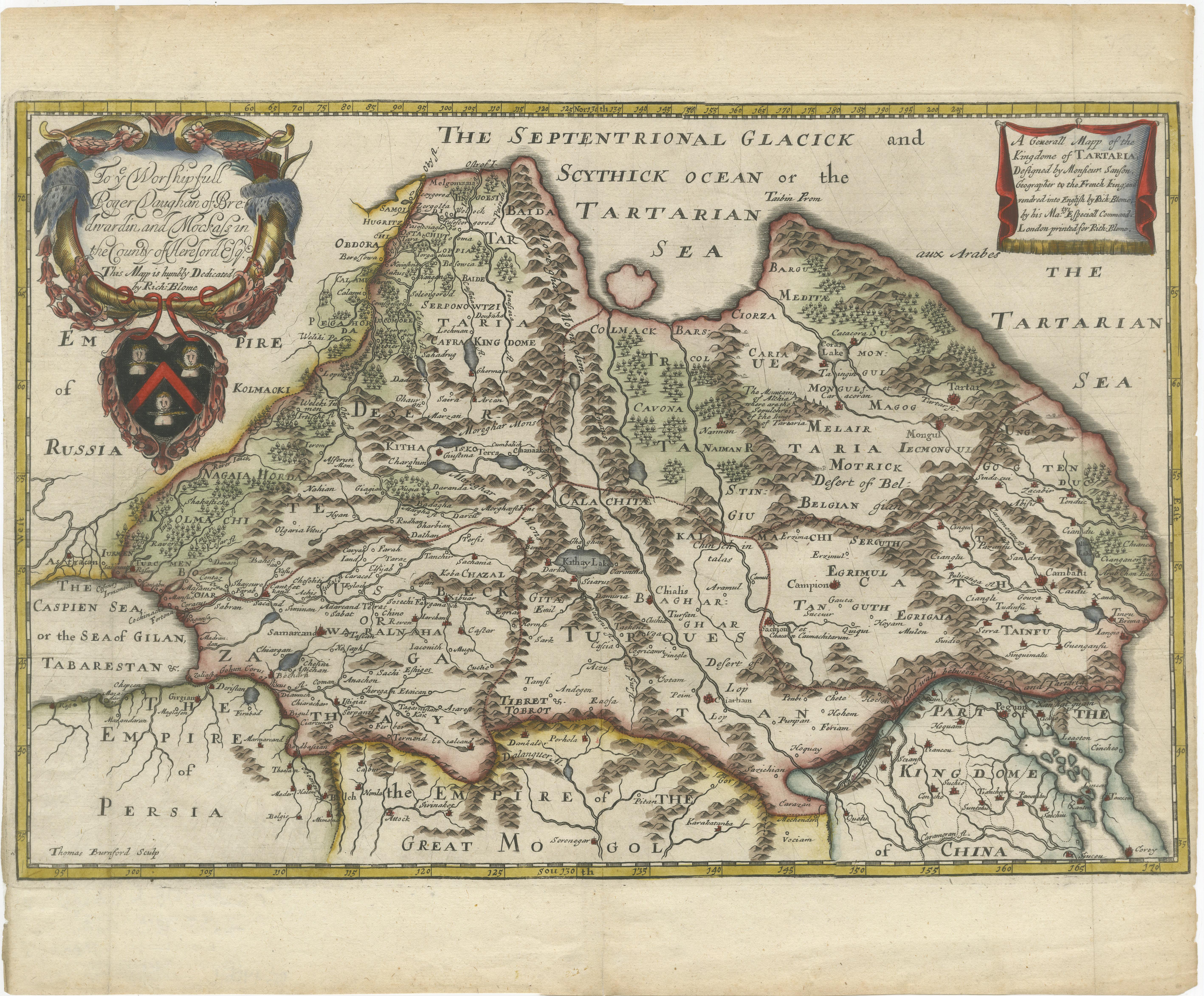 Rara mappa della Tartaria del 1670 di Richard Blome dopo Sanson, incisione colorata a mano in vendita 3