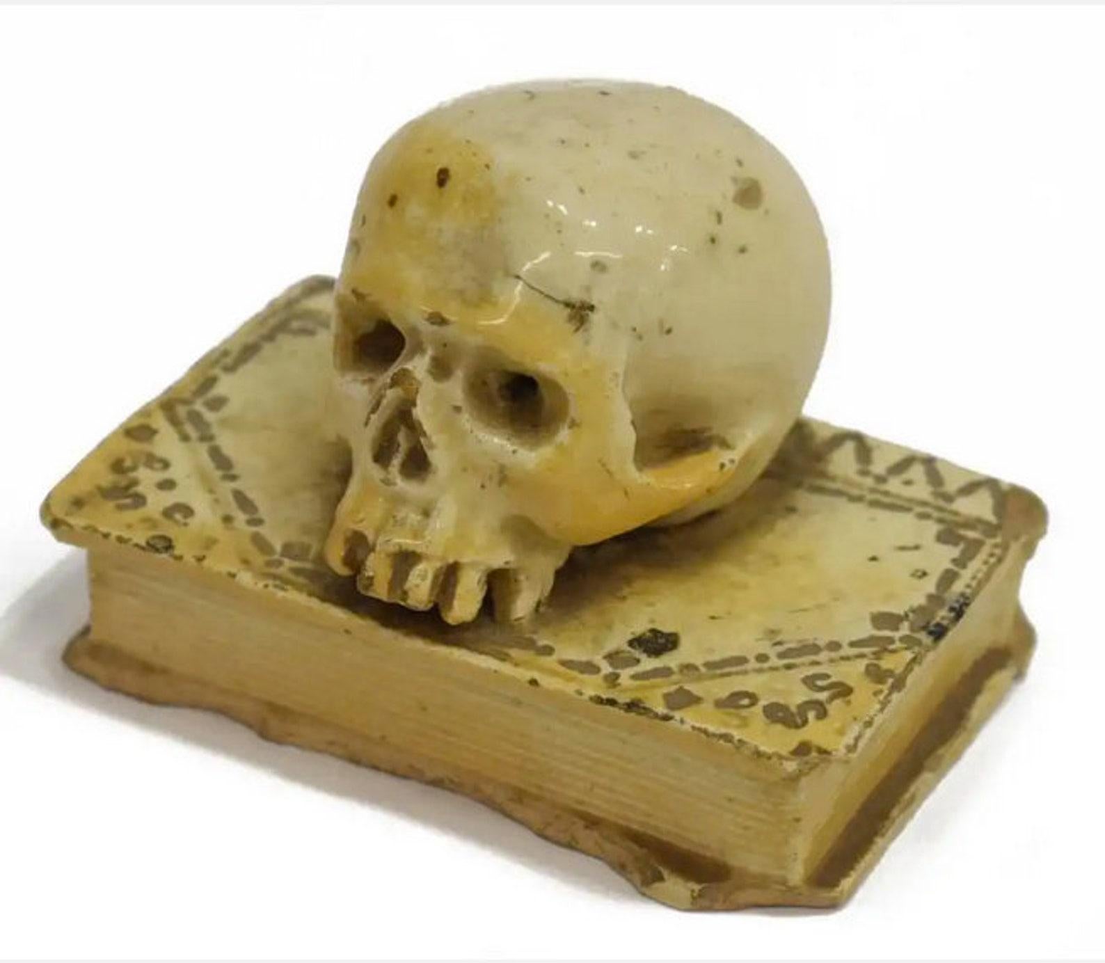 Rare 16th Century Italian Memento Mori Ceramic Skull on Book 1