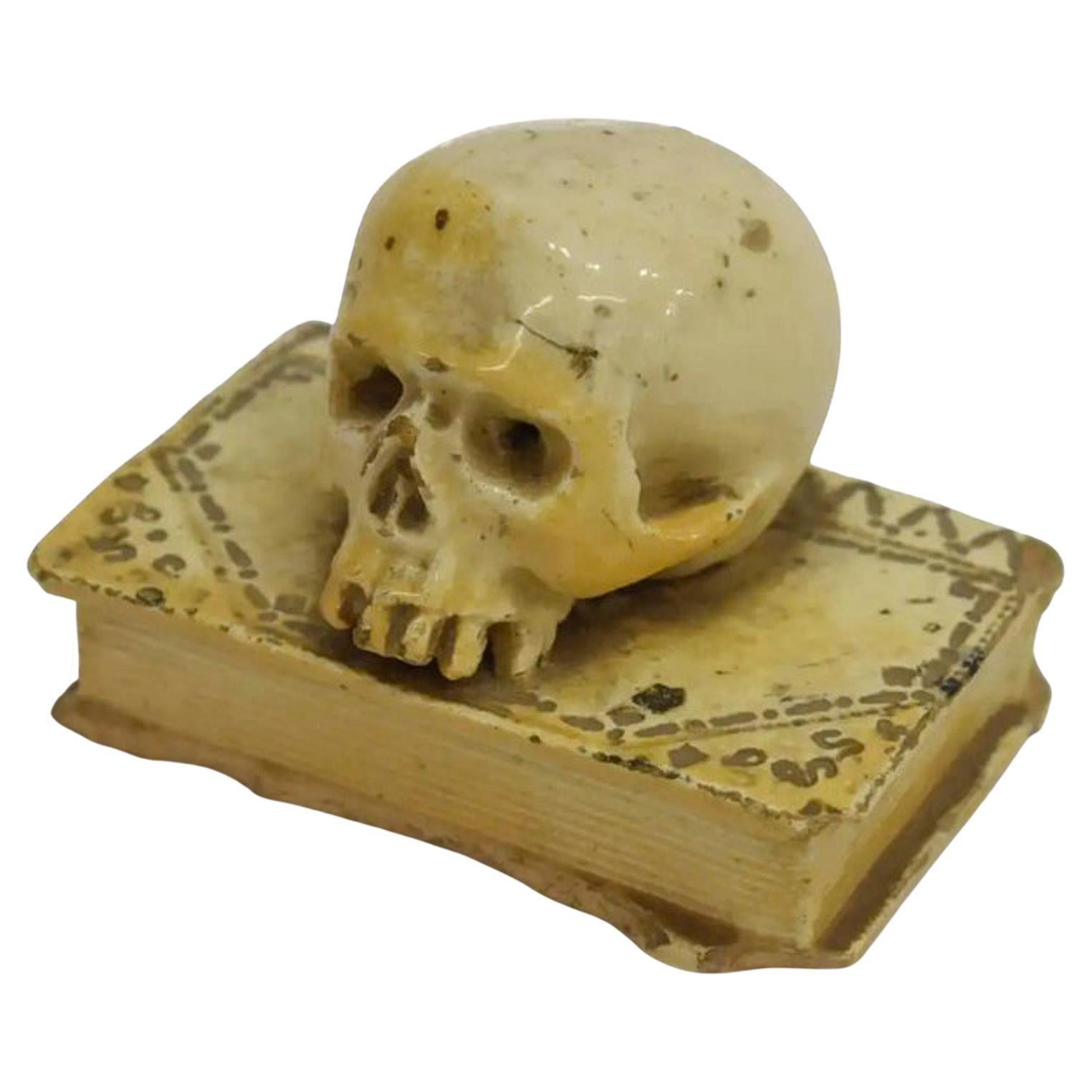 Rare 16th Century Italian Memento Mori Ceramic Skull on Book