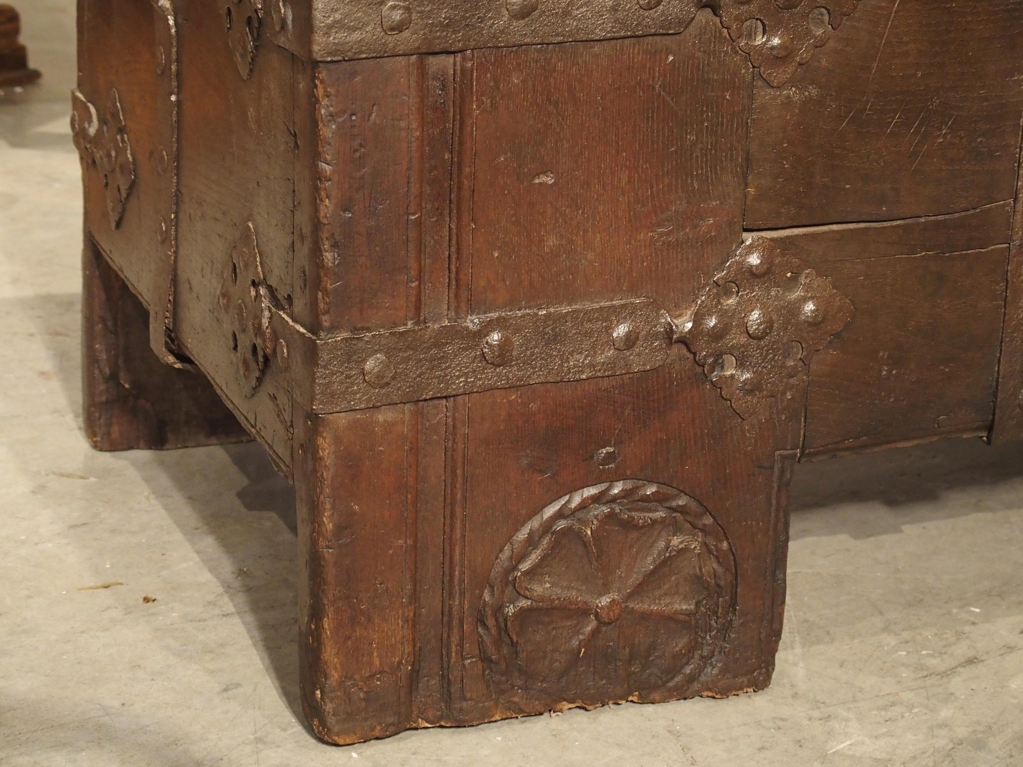 This oak and iron stollentruhe was made well over 400 years ago in Westphalia, Germany, circa 1550. Westphalia is a region in western Germany that was part of the Holy Roman Empire during the time this chest was constructed (Late Middle Ages). The