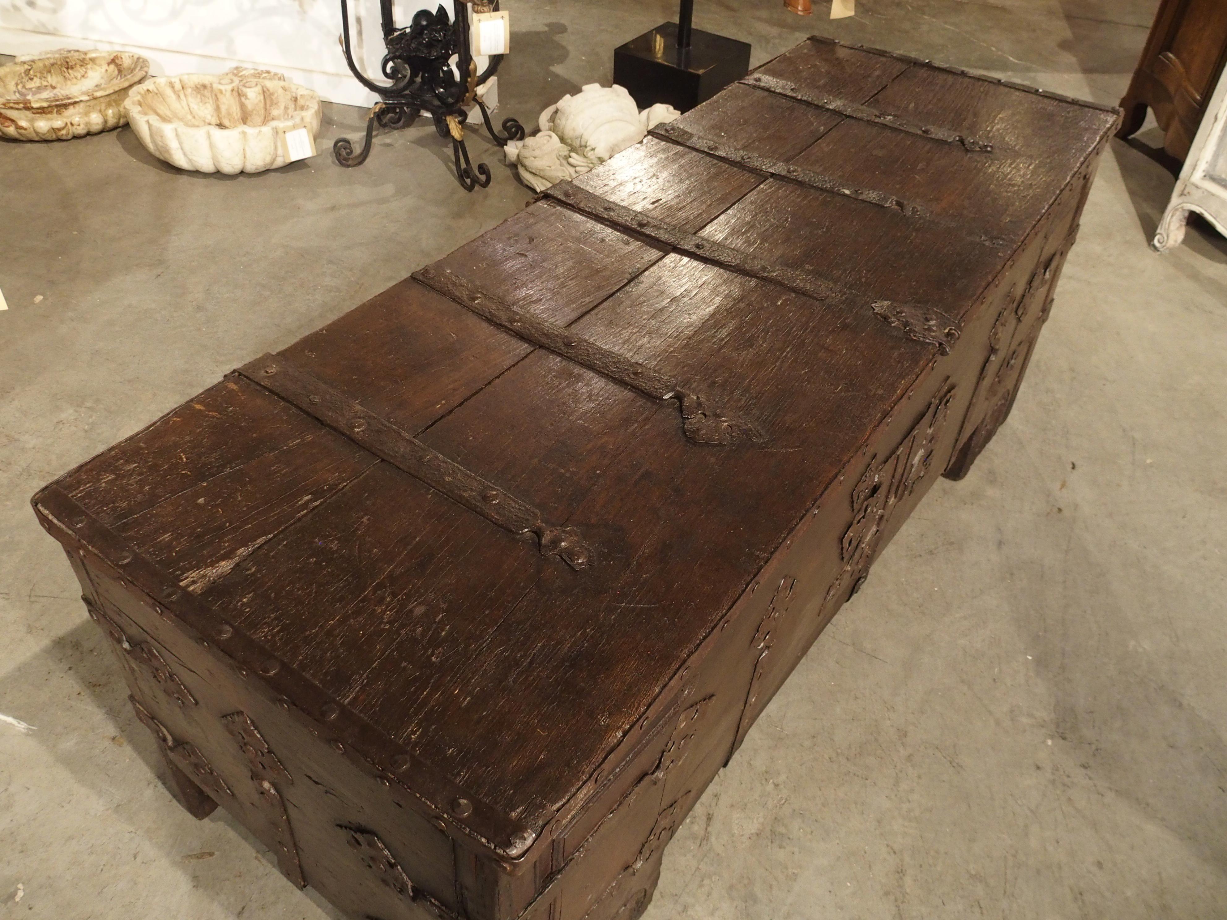 Hand-Carved Rare 16th Century Oak and Iron “Stollentruhe” Trunk from Westphalia, Germany