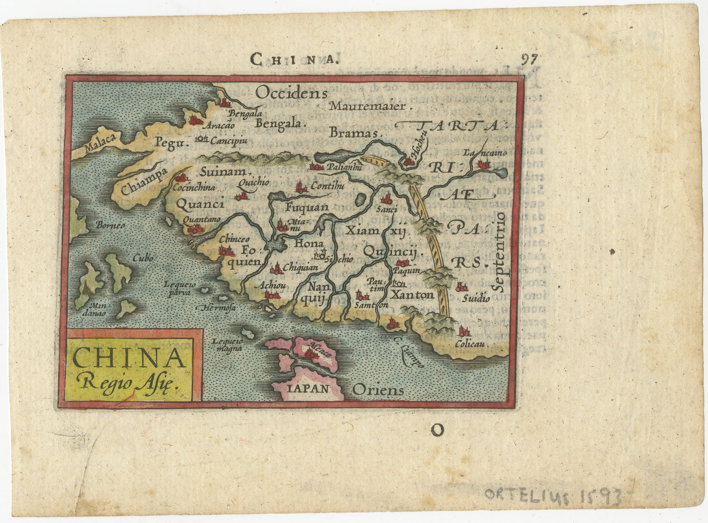 Very handsome original old coloured copper engraving of China. The northern part of Japan is projected as well. Many cities and areas are mentioned in the old spelling, incl Malacca, Bengala, Bramas, Canton, Suinam, Chiampa, Borneo and more. Also a