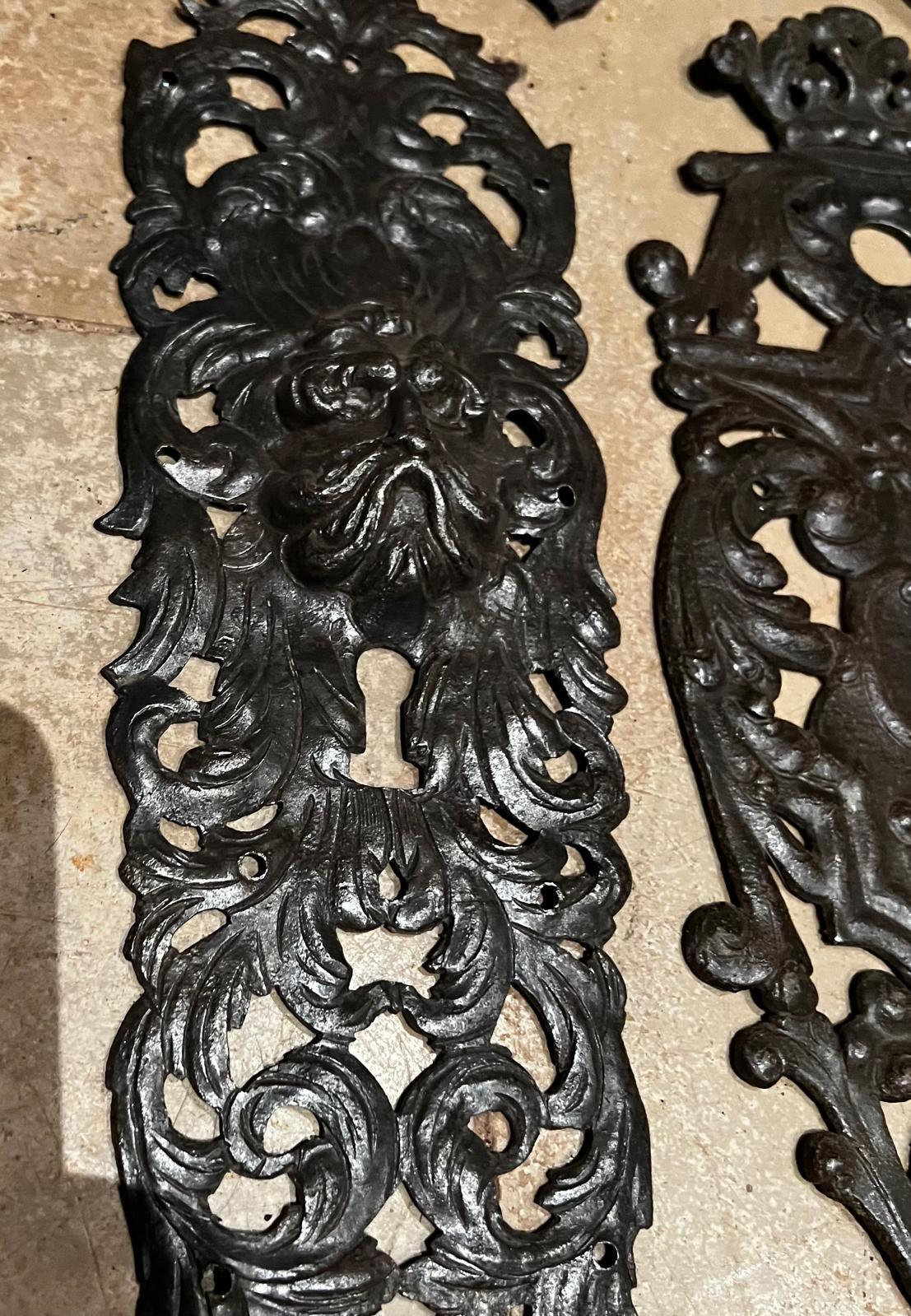 Hand-Crafted Rare 16th Century Renaissance Wrought Iron Door Hardware, Escutcheons & Hinges For Sale