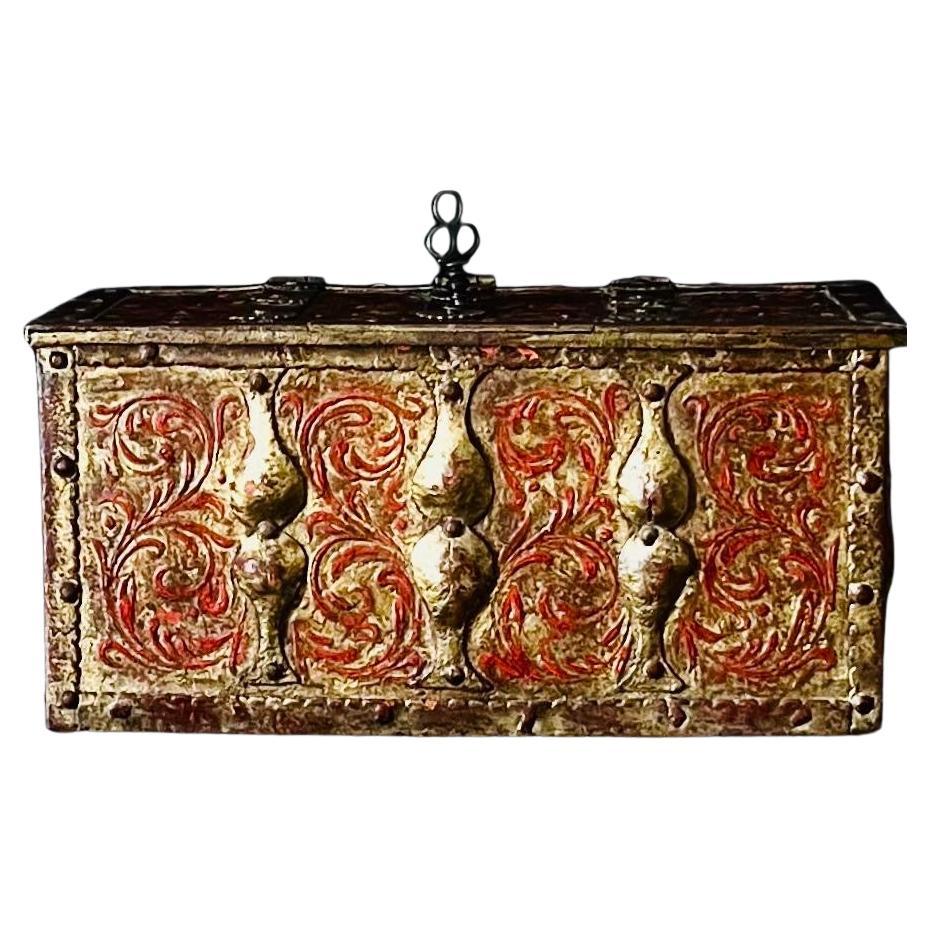 Antique 16th Century Venetian Painted Gold Gilt Iron Strongbox with Original Key