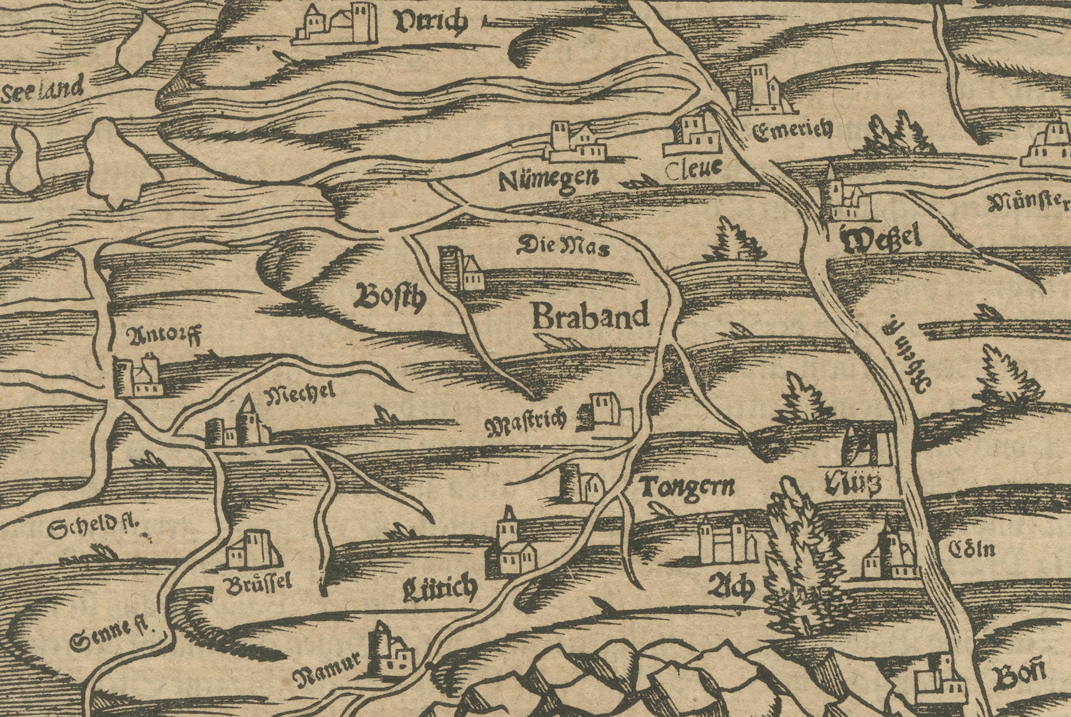 Title: Rare 16th Century Woodcut Map of Brabant and the Rhine Valley, circa 1550

Description:
This rare and highly decorative early woodcut map depicts the region of Brabant and the Rhine Valley, including parts of present-day Netherlands, Belgium,