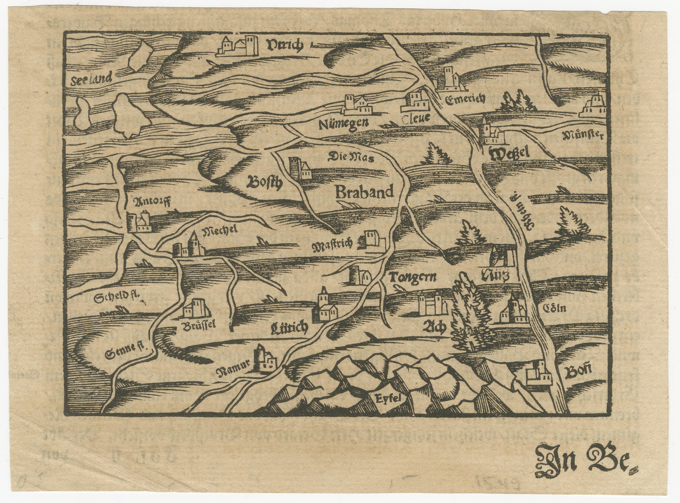 German Rare 16th Century Woodcut Map of Brabant and the Rhine Valley, circa 1549 For Sale