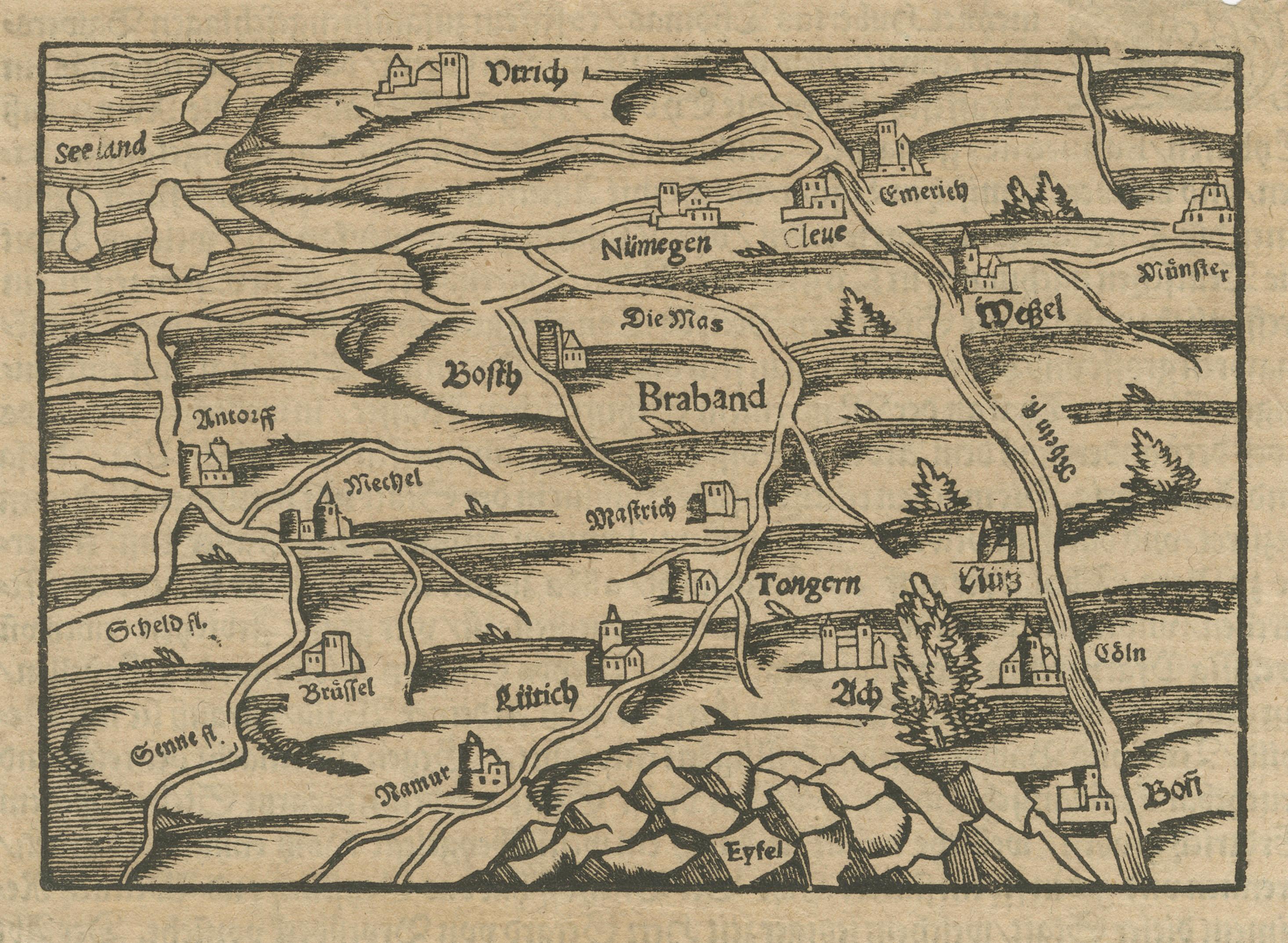 Engraved Rare 16th Century Woodcut Map of Brabant and the Rhine Valley, circa 1549 For Sale