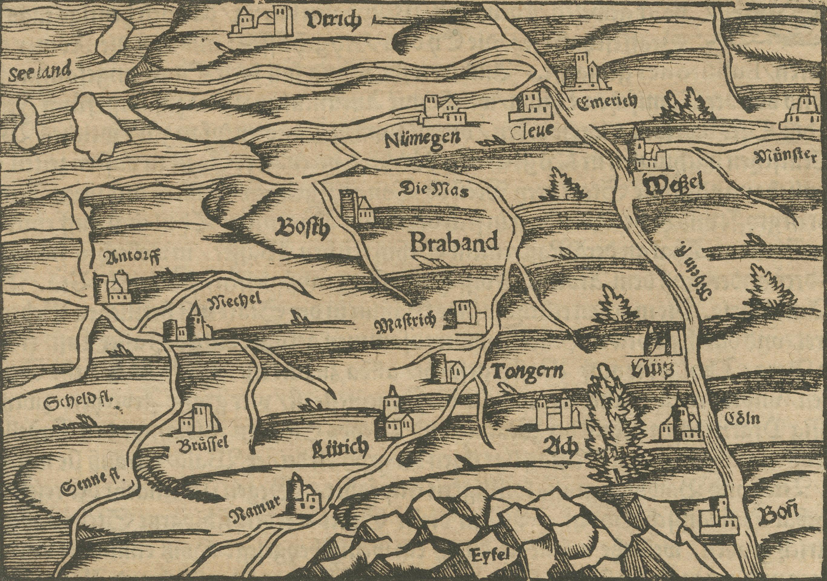 Rare 16th Century Woodcut Map of Brabant and the Rhine Valley, circa 1549 In Good Condition For Sale In Langweer, NL