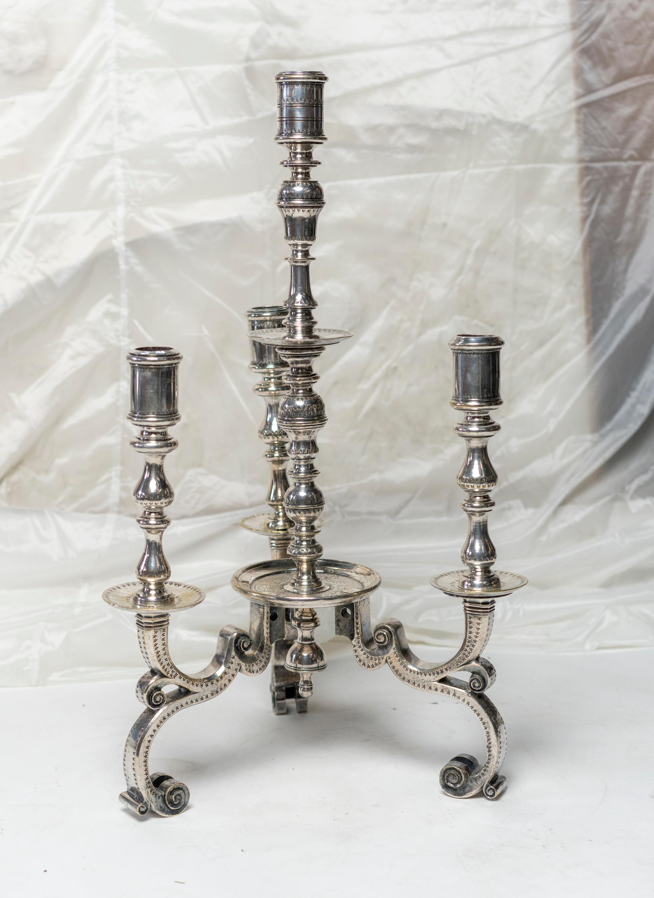 Important 17/18th century Dutch silvered bronze four lights candelabra featuring an overall 