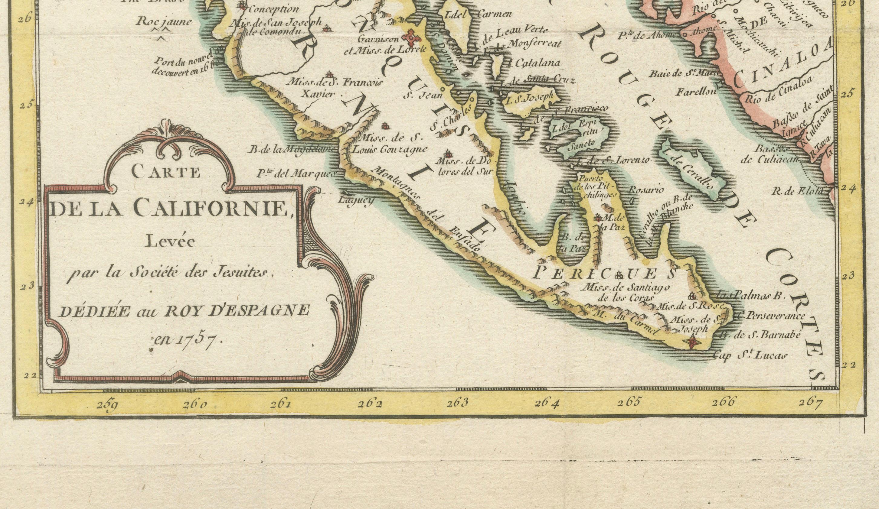 Title: Rare 1757 Jesuit Map of California and Baja, Dedicated to the King of Spain
 
This rare and detailed map, titled *Carte de la Californie Levee par la Société des Jésuites*, was produced in 1757 and dedicated to the King of Spain. It is a