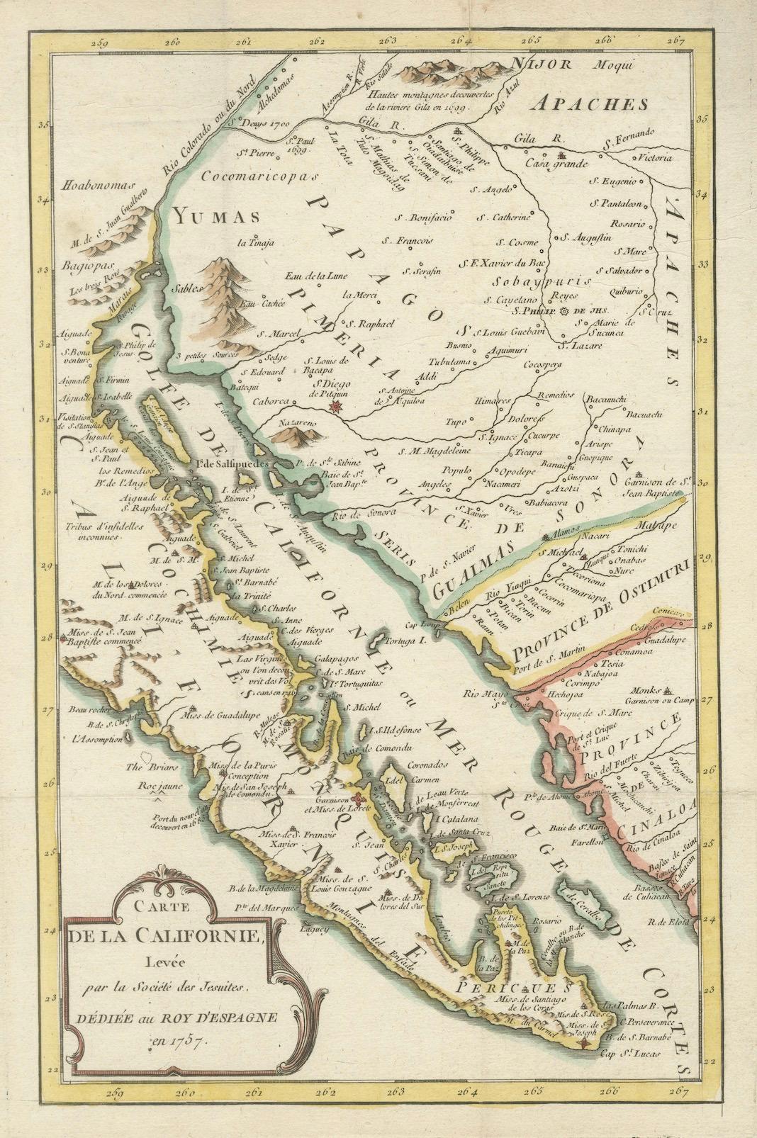 Mid-18th Century Rare 1757 Jesuit Map of California and Baja, Dedicated to the King of Spain For Sale