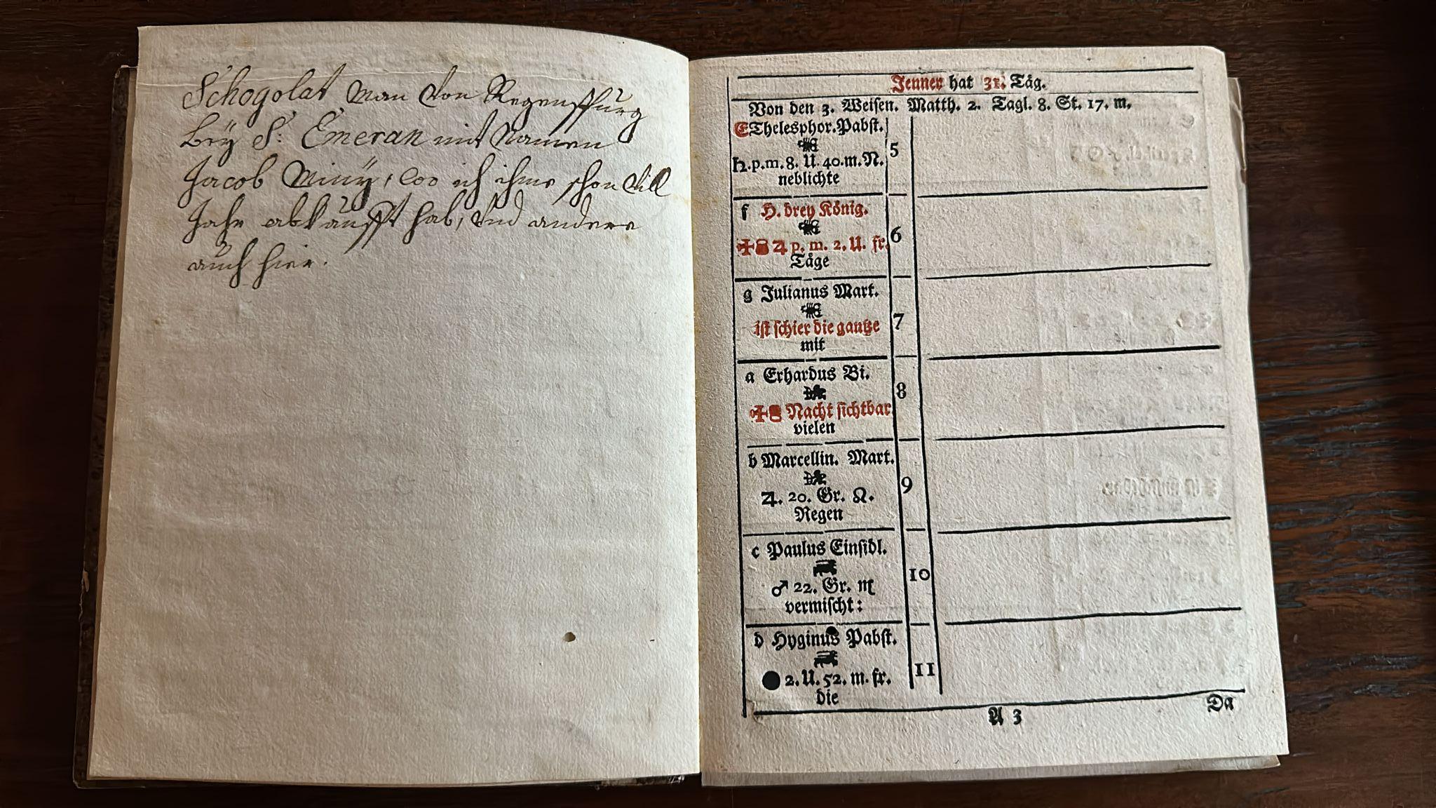 Raro Schreib-Kalender bavarese del 1766 - Annotato con note contemporanee in vendita 4
