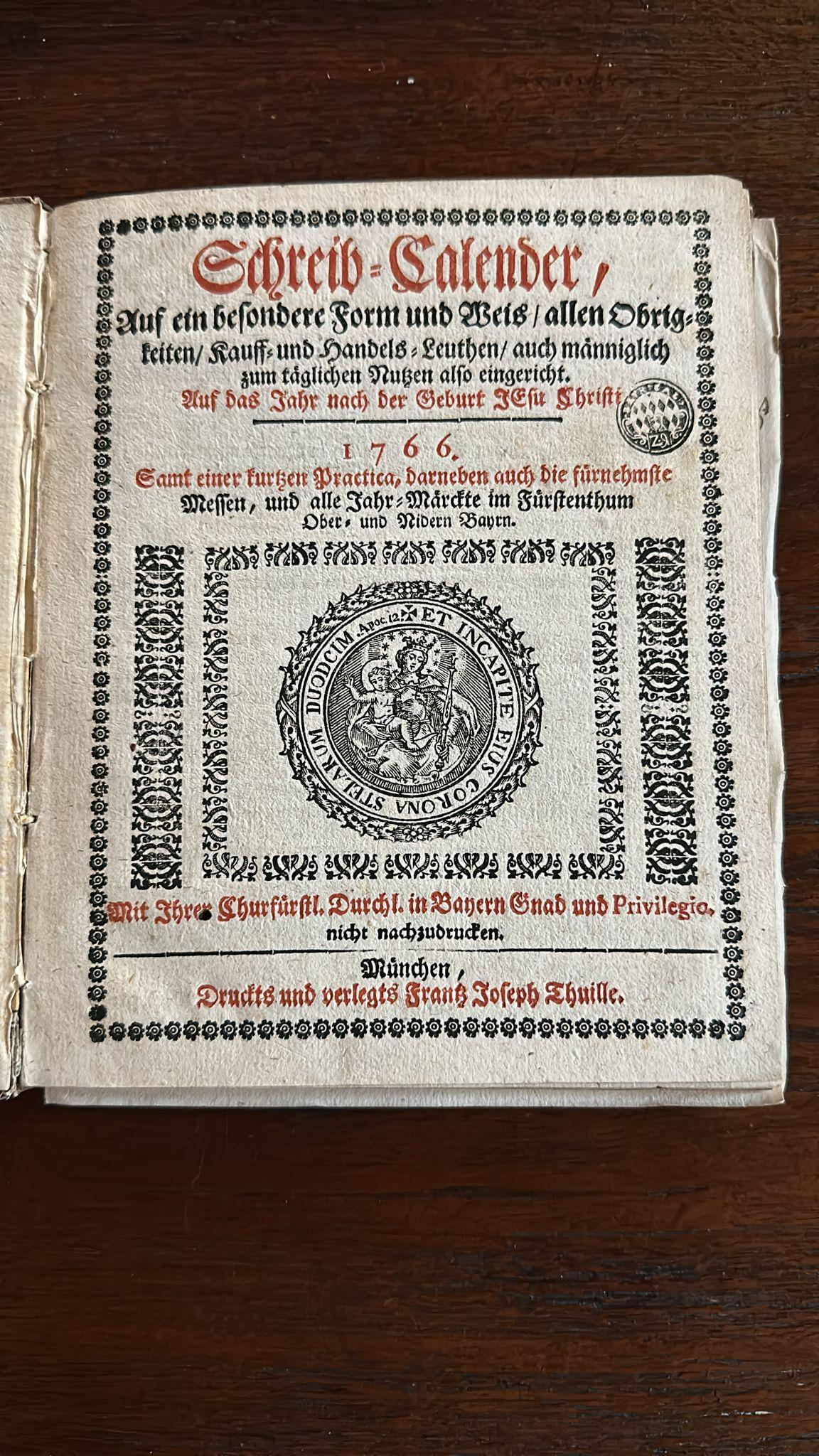 Carta Raro Schreib-Kalender bavarese del 1766 - Annotato con note contemporanee in vendita