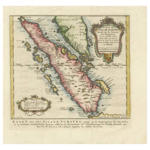 Rare 1770 Bellin Map of Sumatra with Stunning Decorative Cartouches