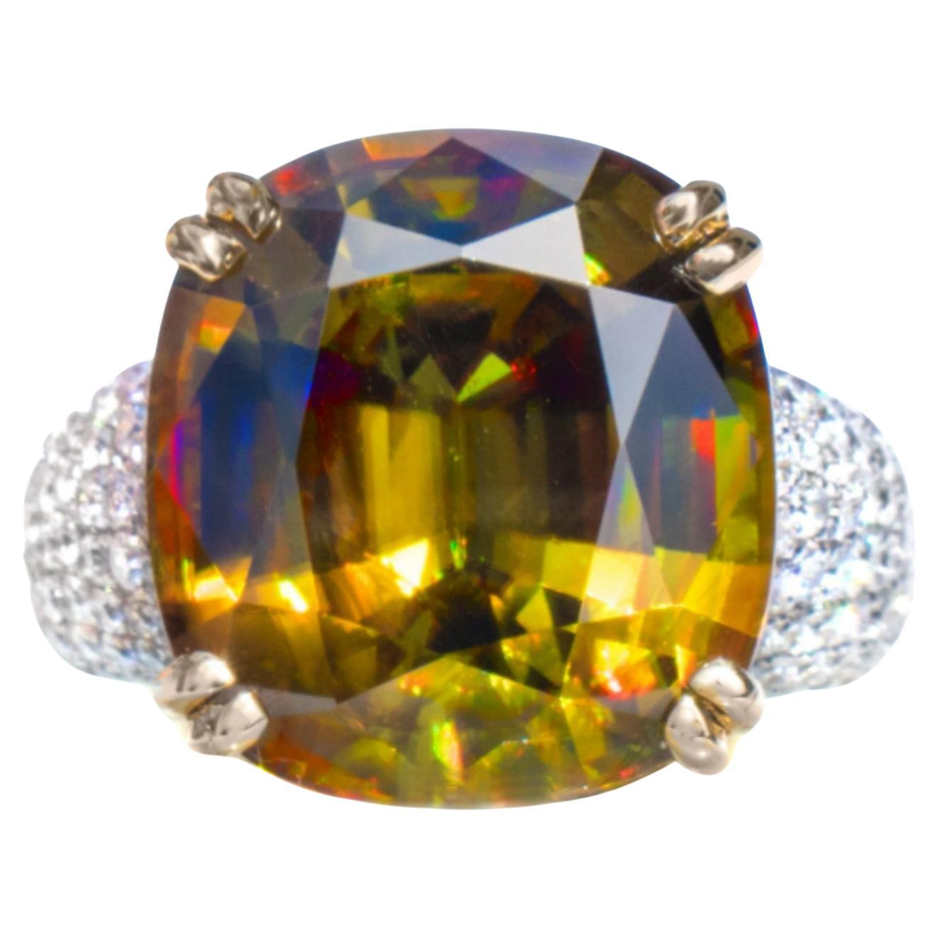 Rare 17.8 Ct Sphene & Diamond Ring For Sale