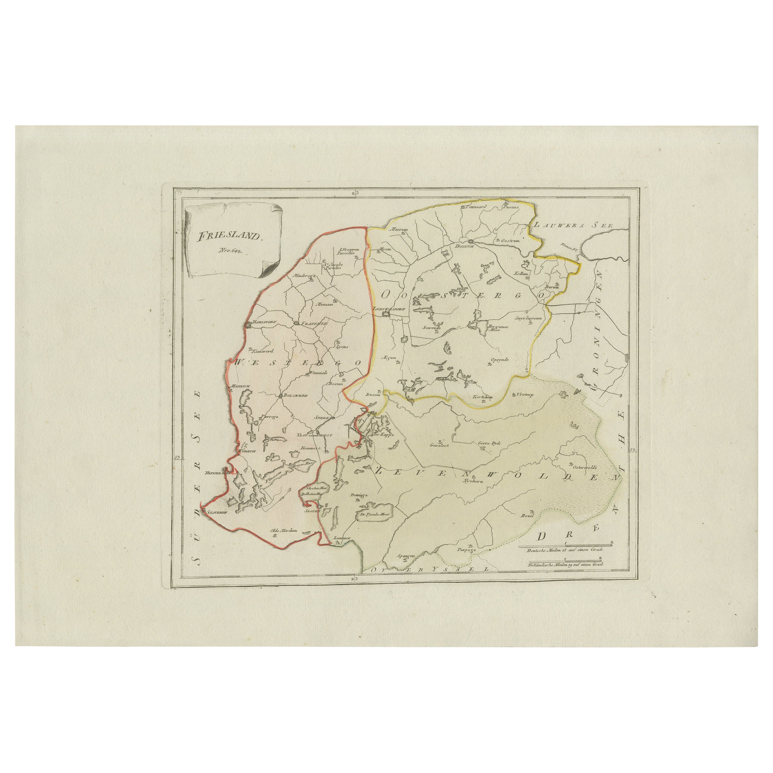 Rare carte de la province de Frise de 1791 de von Reilly, Pays-Bas, 18e siècle